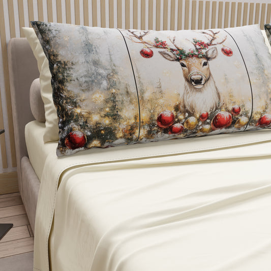 Lenzuola Natalizie in Cotone, Completo Letto con Federe in Stampa Digitale Renna