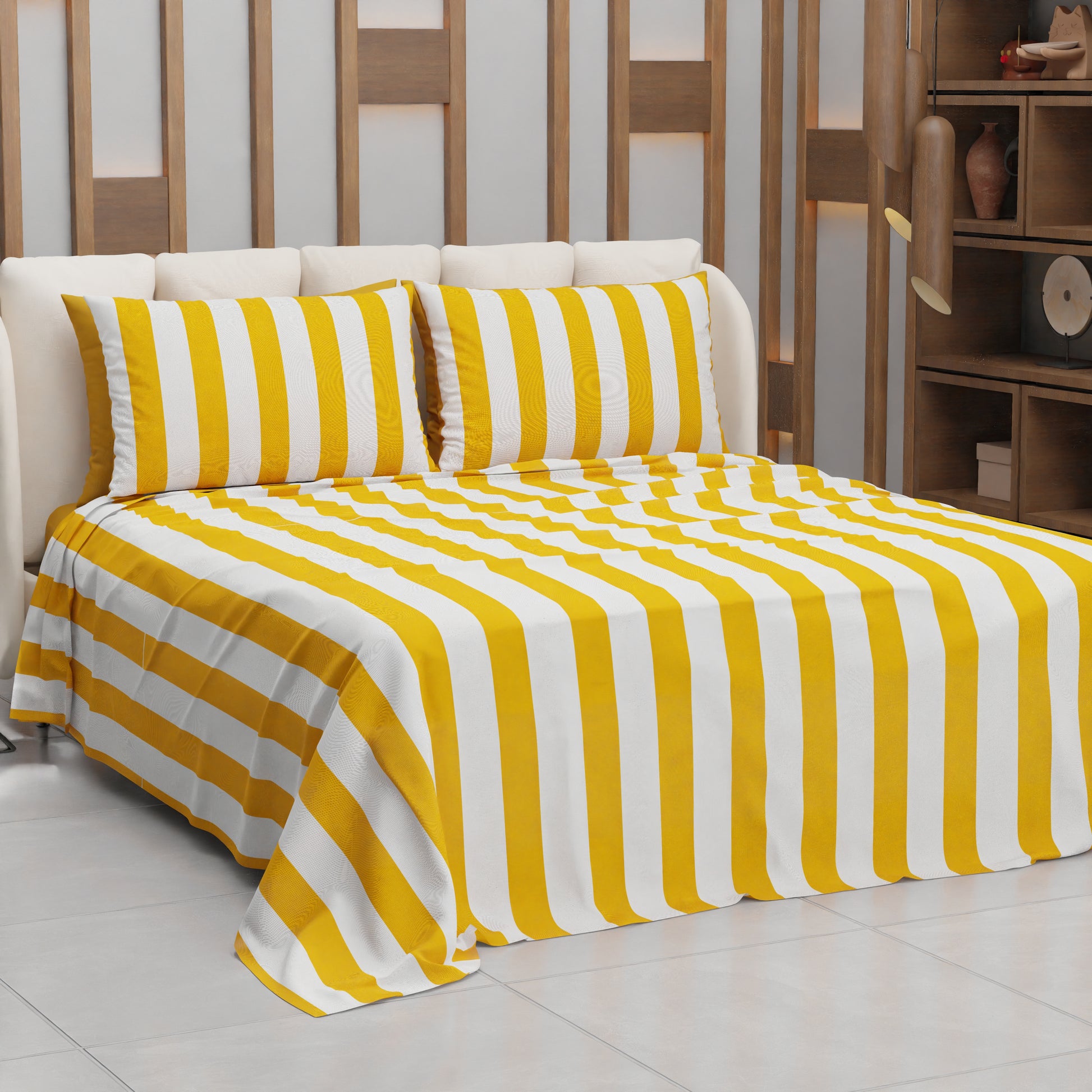 Lenzuolo Copriletto e Federe in Microfibra Righe Giallo.