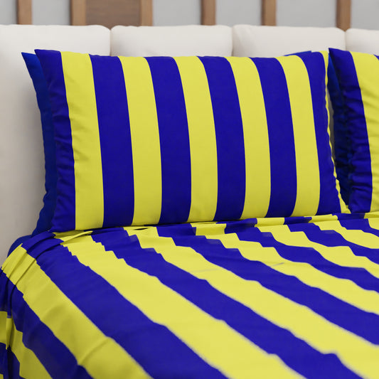 Lenzuolo Copriletto e Federe in Microfibra Righe Giallo/Blu Elettrico.