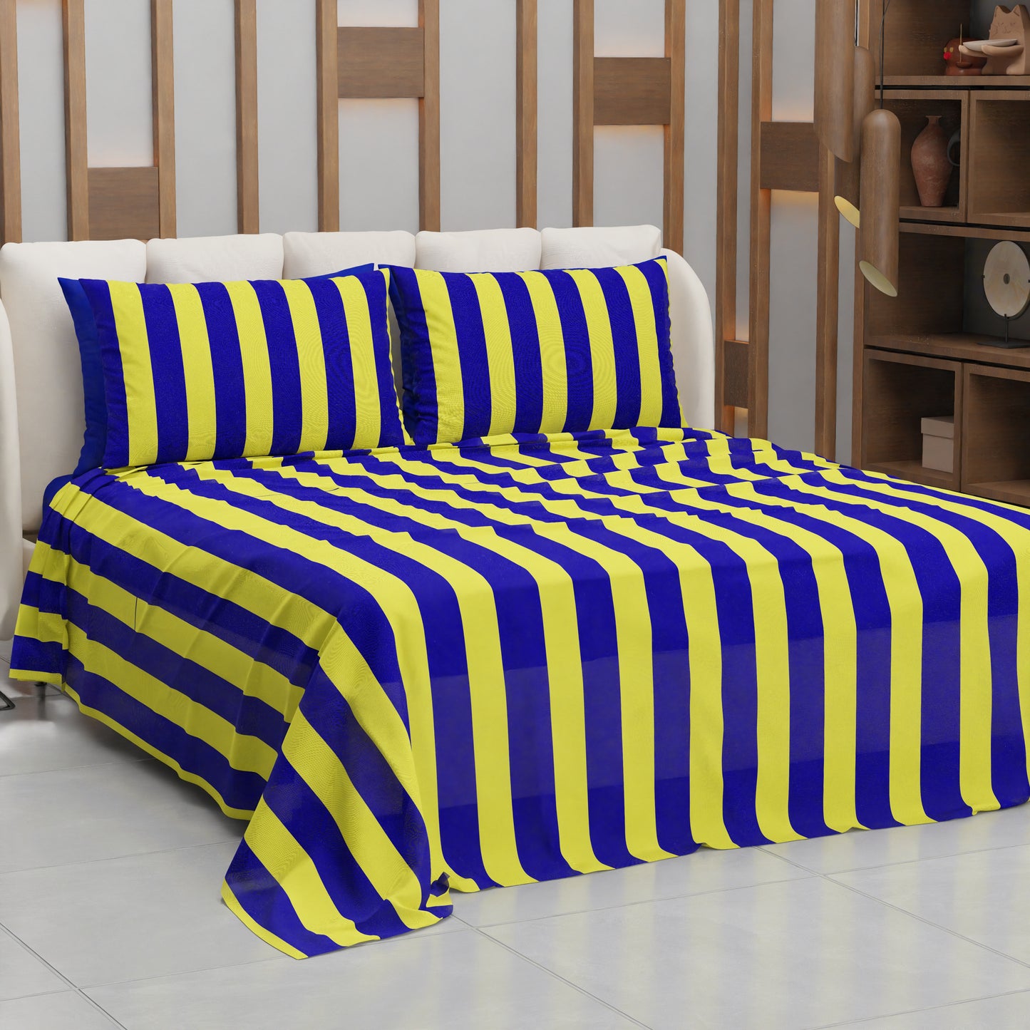 Lenzuolo Copriletto e Federe in Microfibra Righe Giallo/Blu Elettrico.