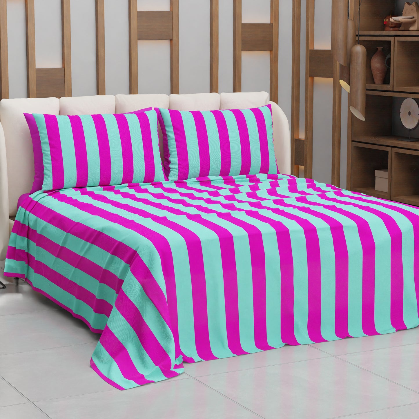 Lenzuolo Copriletto e Federe in Microfibra Righe Fucsia/Celeste.