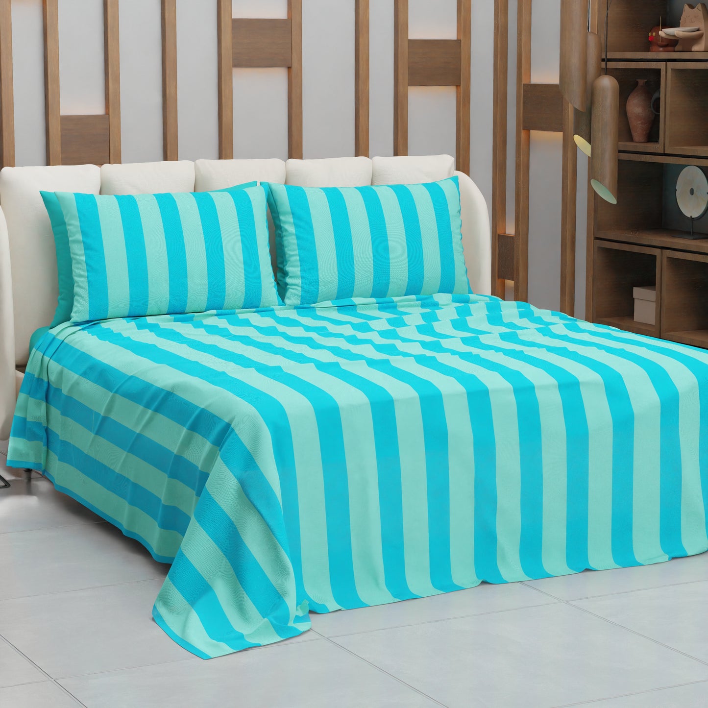 Lenzuolo Copriletto e Federe in Microfibra Righe Tiffany/Celeste.