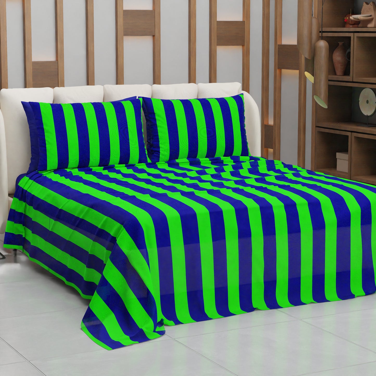 Copriletto Estivo, Coperta Leggera, con Federe Le Righe Verde Fluo/Blu Notte