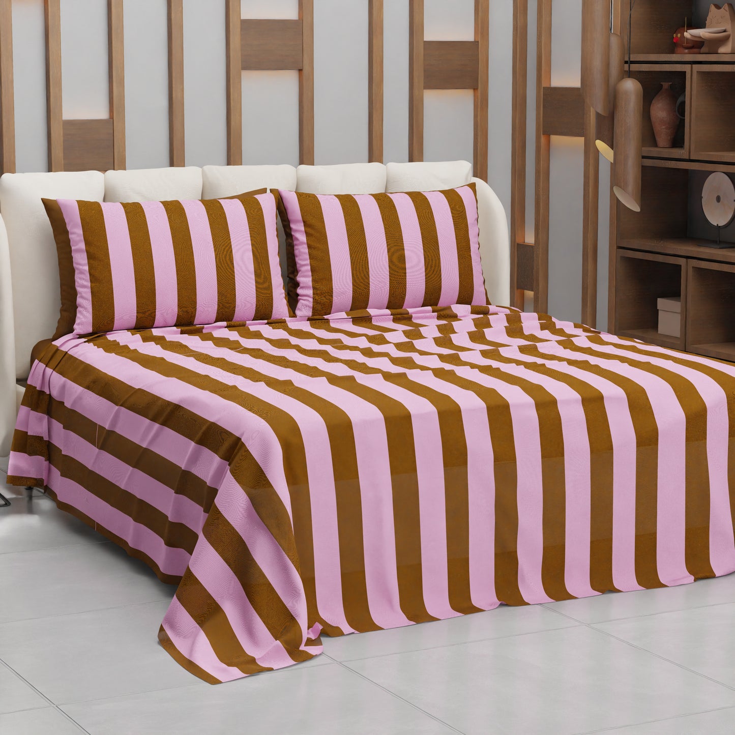 Lenzuolo Copriletto e Federe in Microfibra Righe Marrone/Rosa.