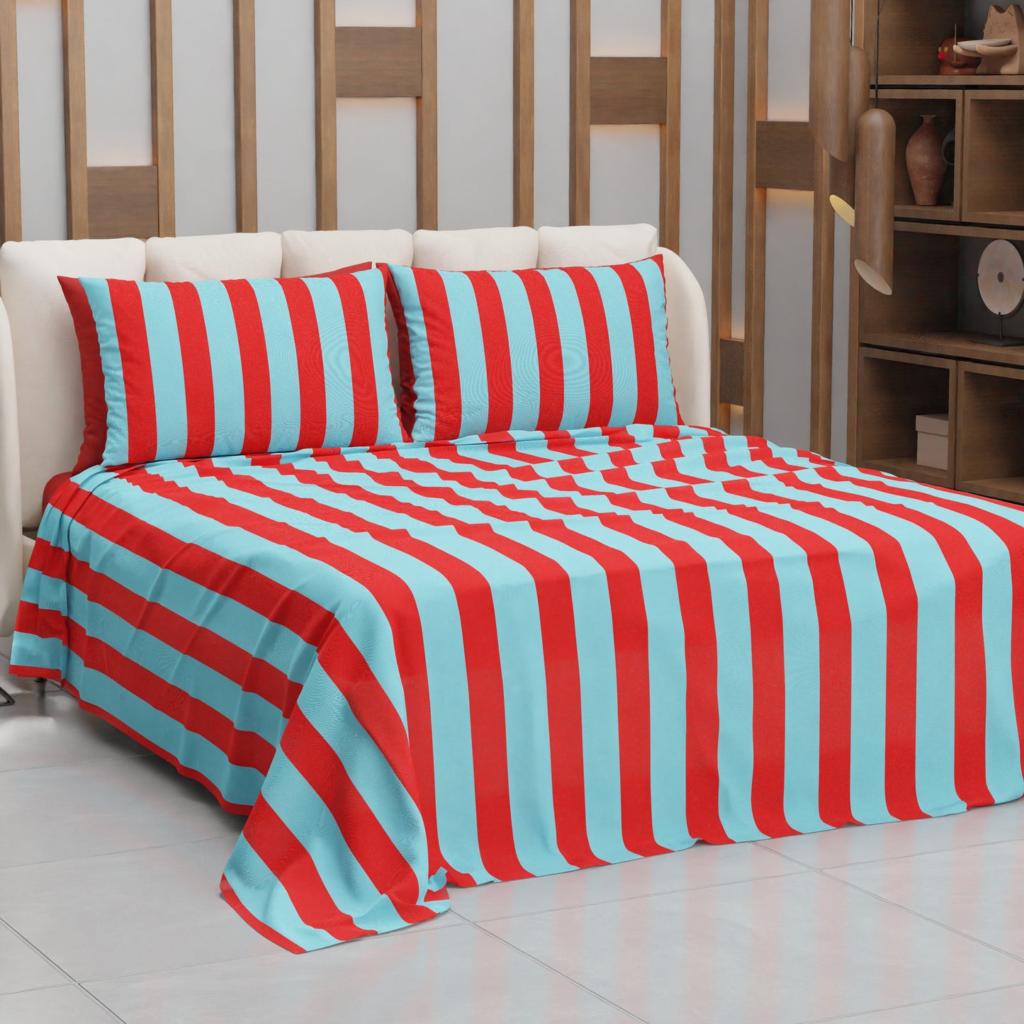 Lenzuolo Copriletto e Federe in Microfibra Righe Rosso/Celeste.