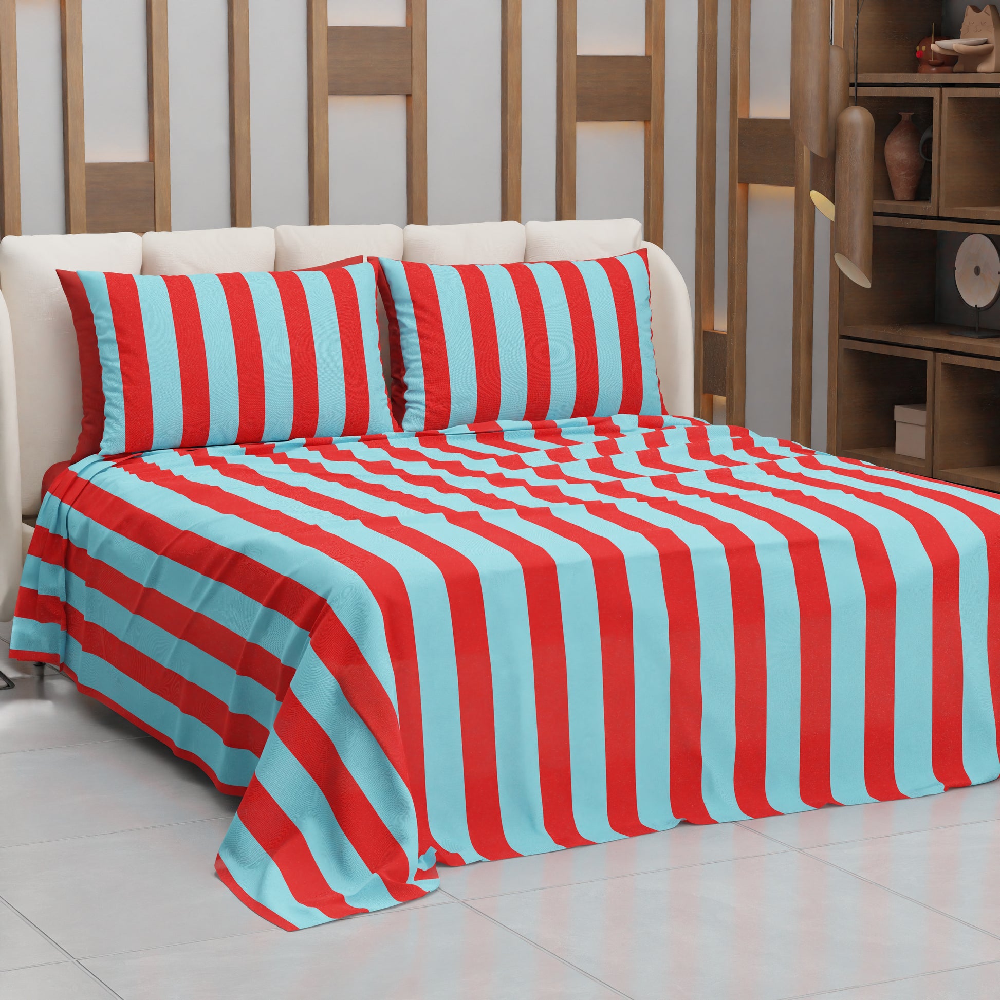 Lenzuolo Copriletto e Federe in Microfibra Righe Rosso/Celeste.