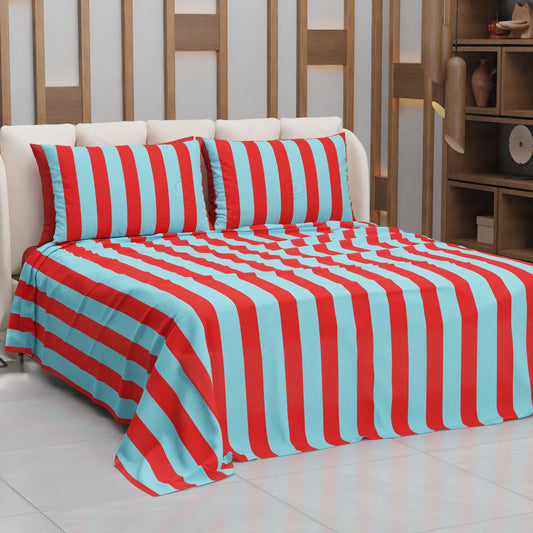 Lenzuolo Copriletto e Federe in Microfibra Righe Rosso/Celeste.