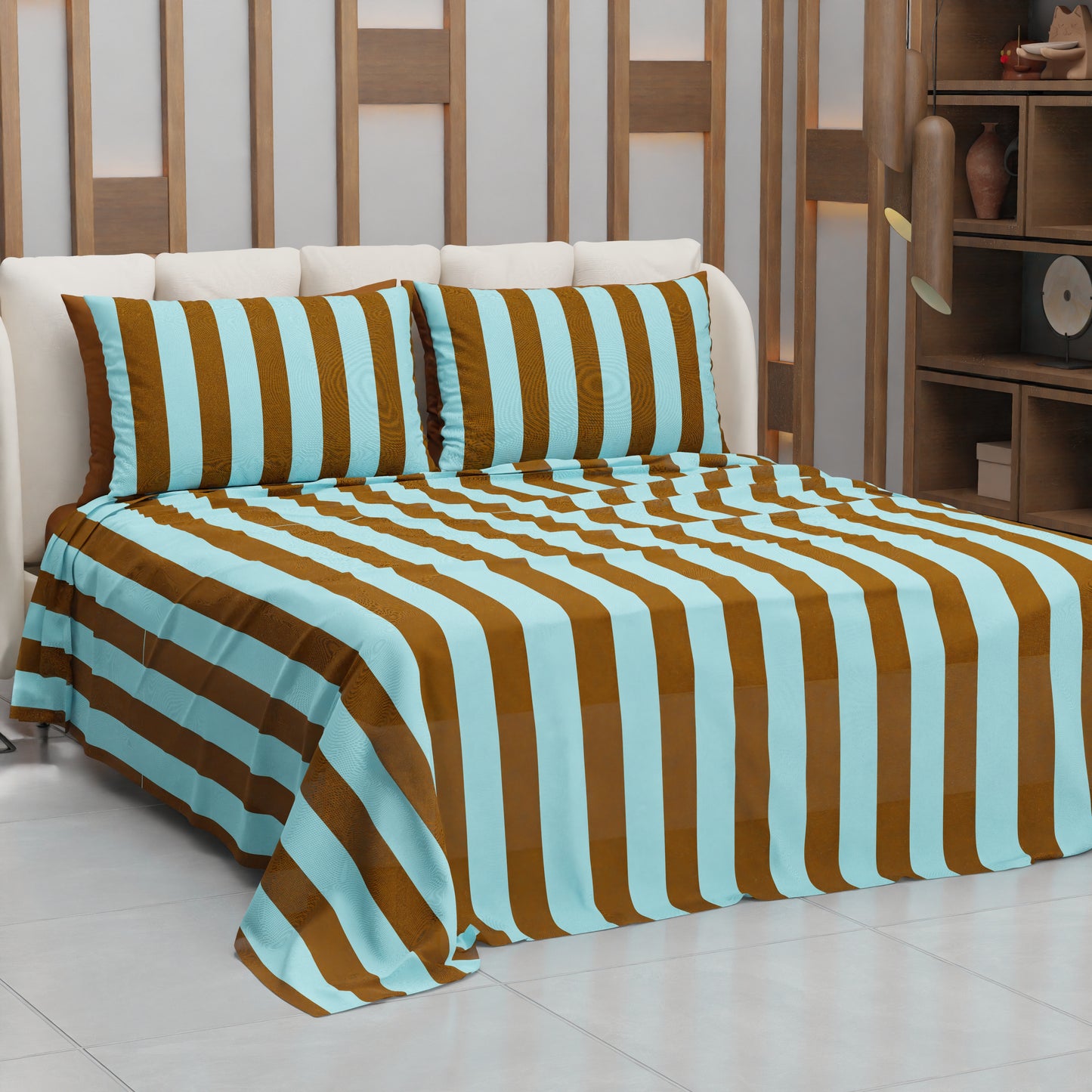 Copriletto Estivo, Coperta Leggera, con Federe Le Righe Marrone/Celeste
