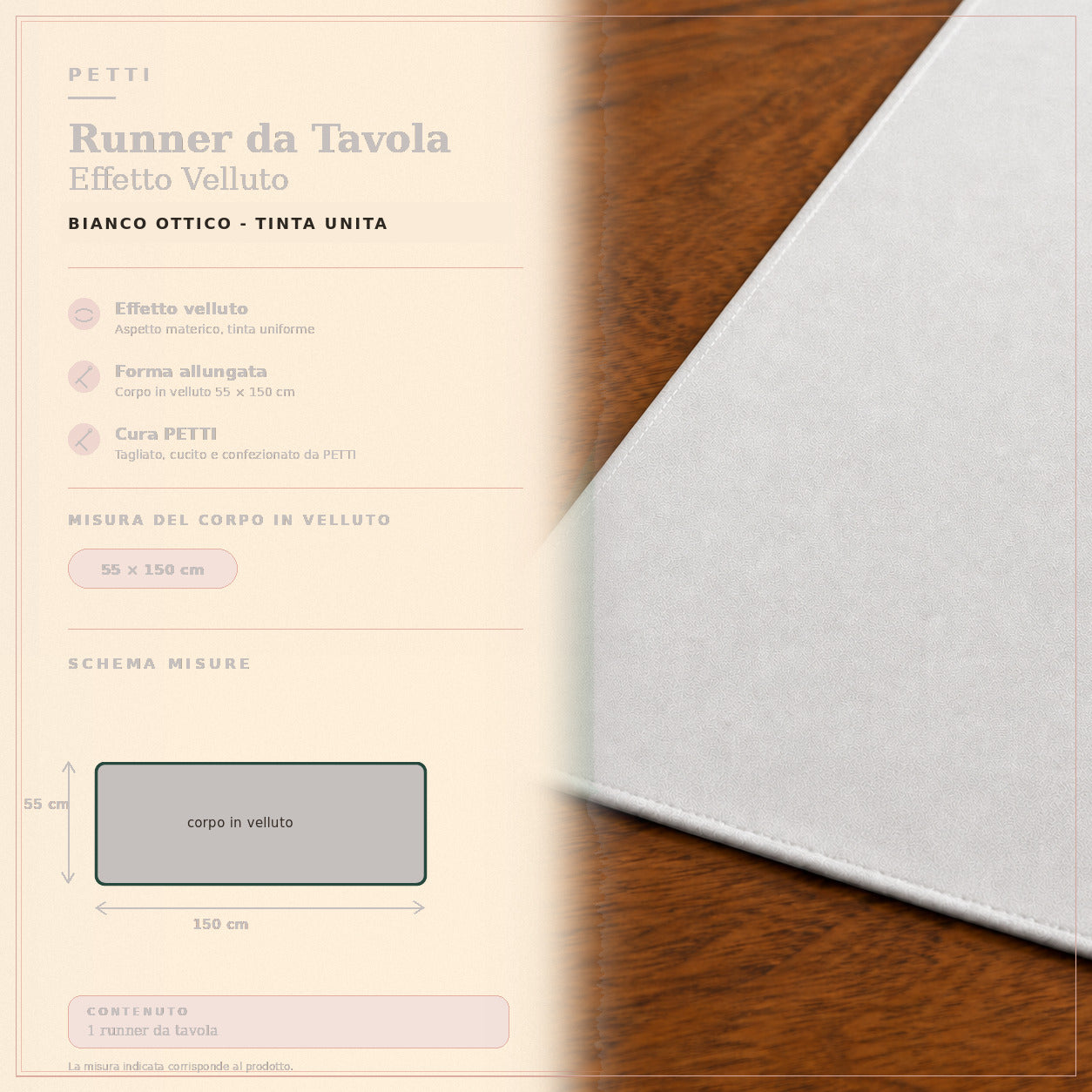 Runner da tavola effetto velluto Bianco Ottico, 55 × 150 cm — scheda misure e contenuto