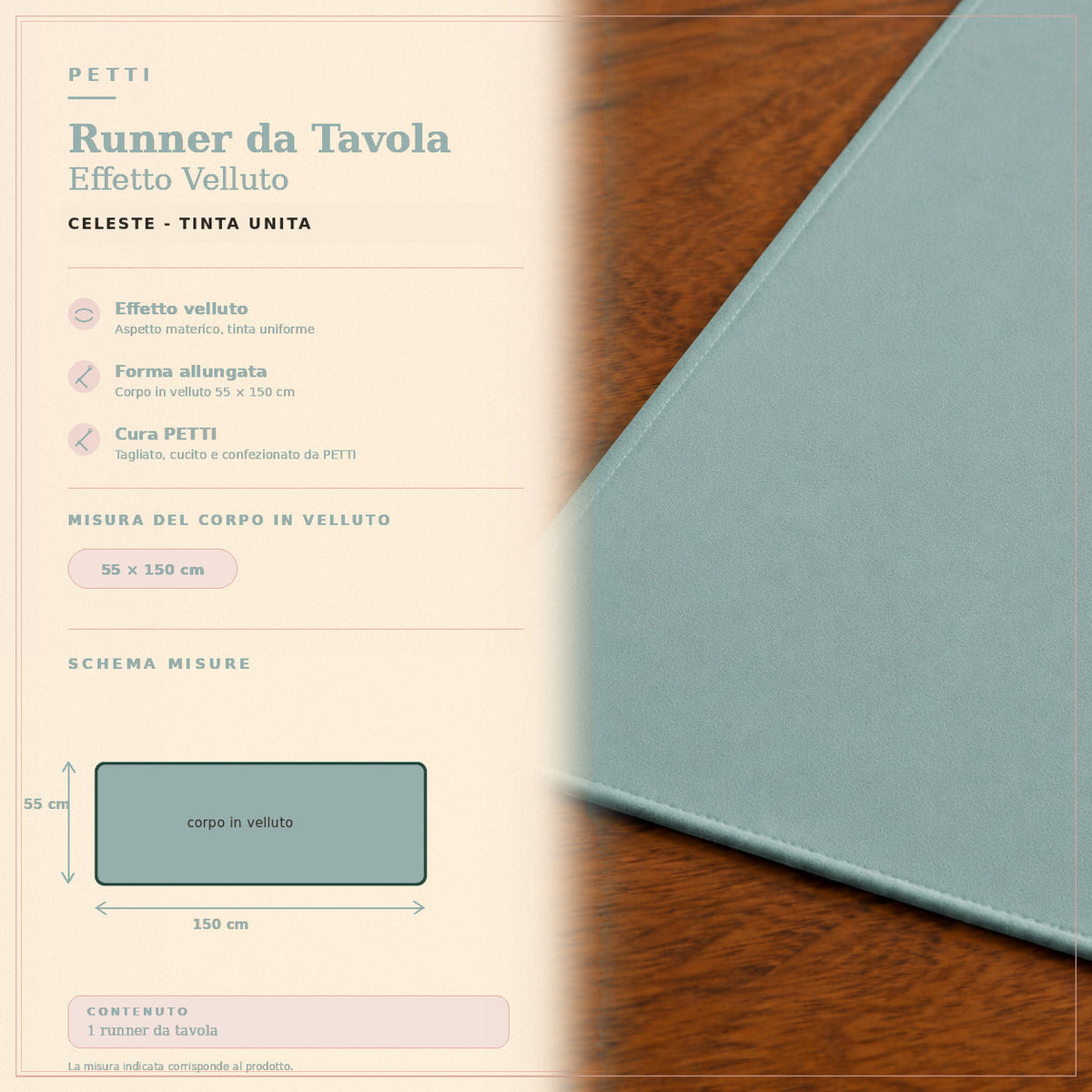 Runner da tavola effetto velluto Celeste, 55 × 150 cm — scheda misure e contenuto