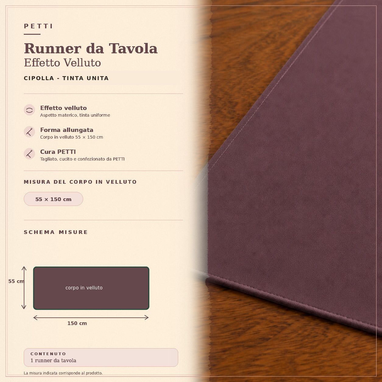 Runner da tavola effetto velluto Cipolla, 55 × 150 cm — scheda misure e contenuto
