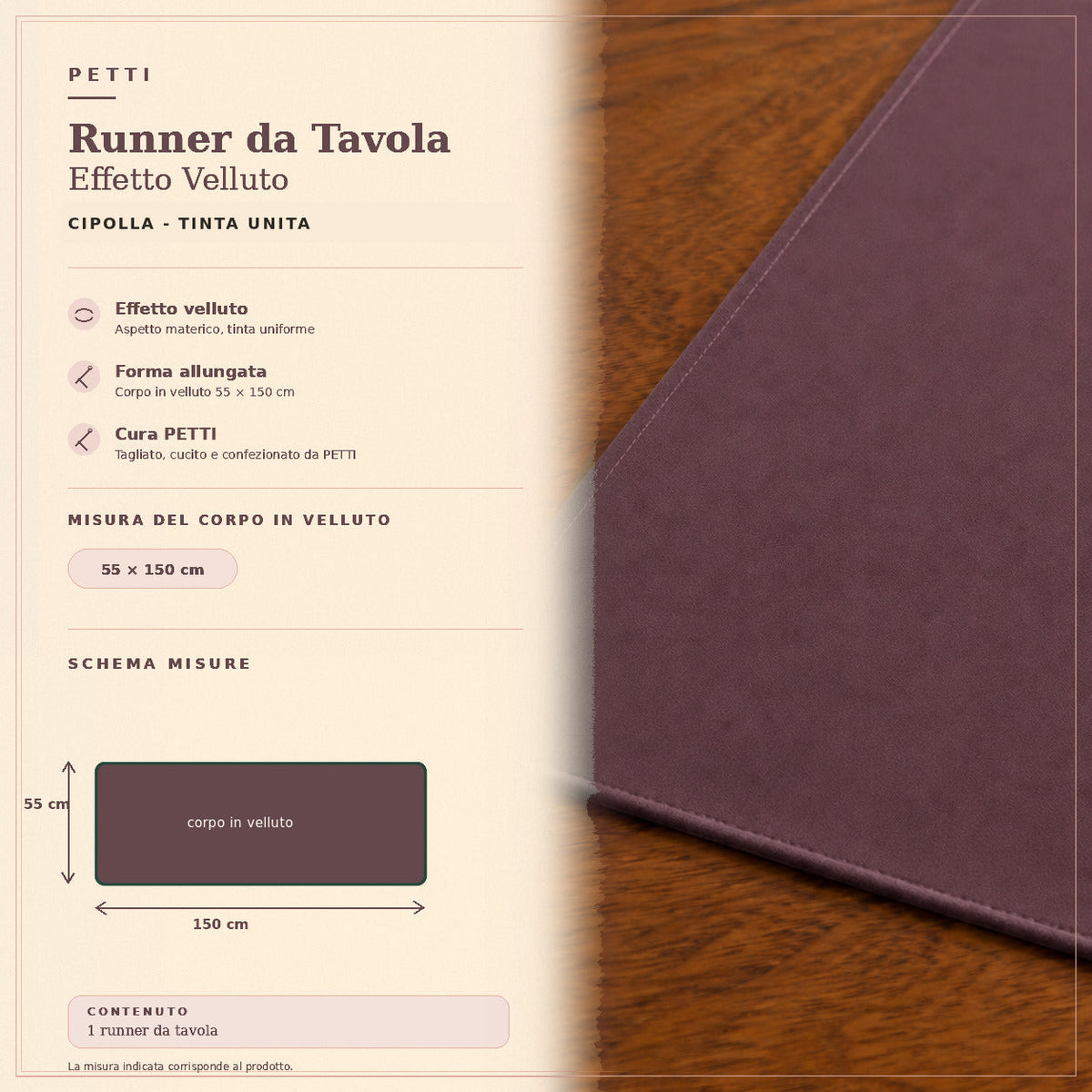 Runner da tavola effetto velluto Cipolla, 55 × 150 cm — scheda misure e contenuto