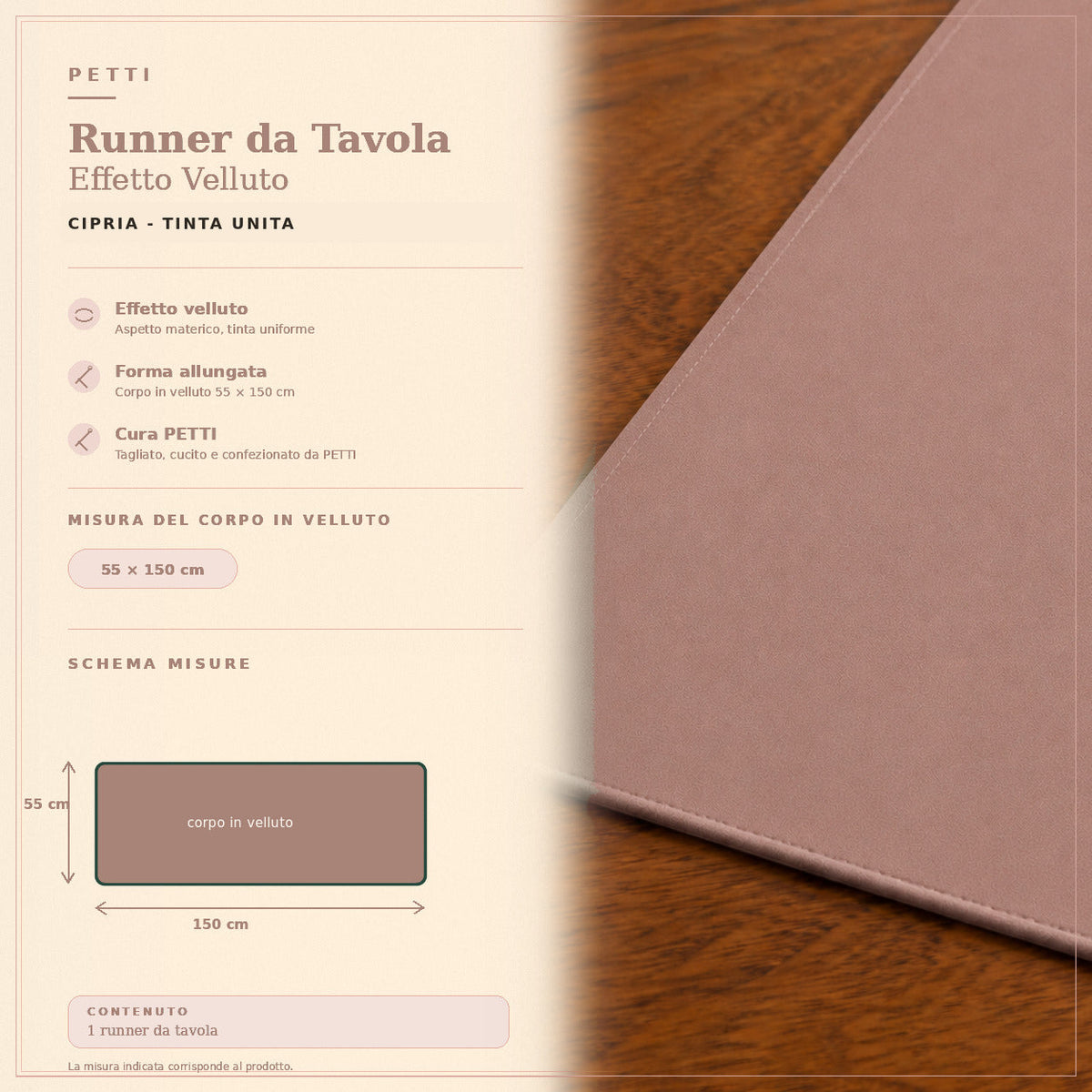 Runner da tavola effetto velluto Cipria, 55 × 150 cm — scheda misure e contenuto
