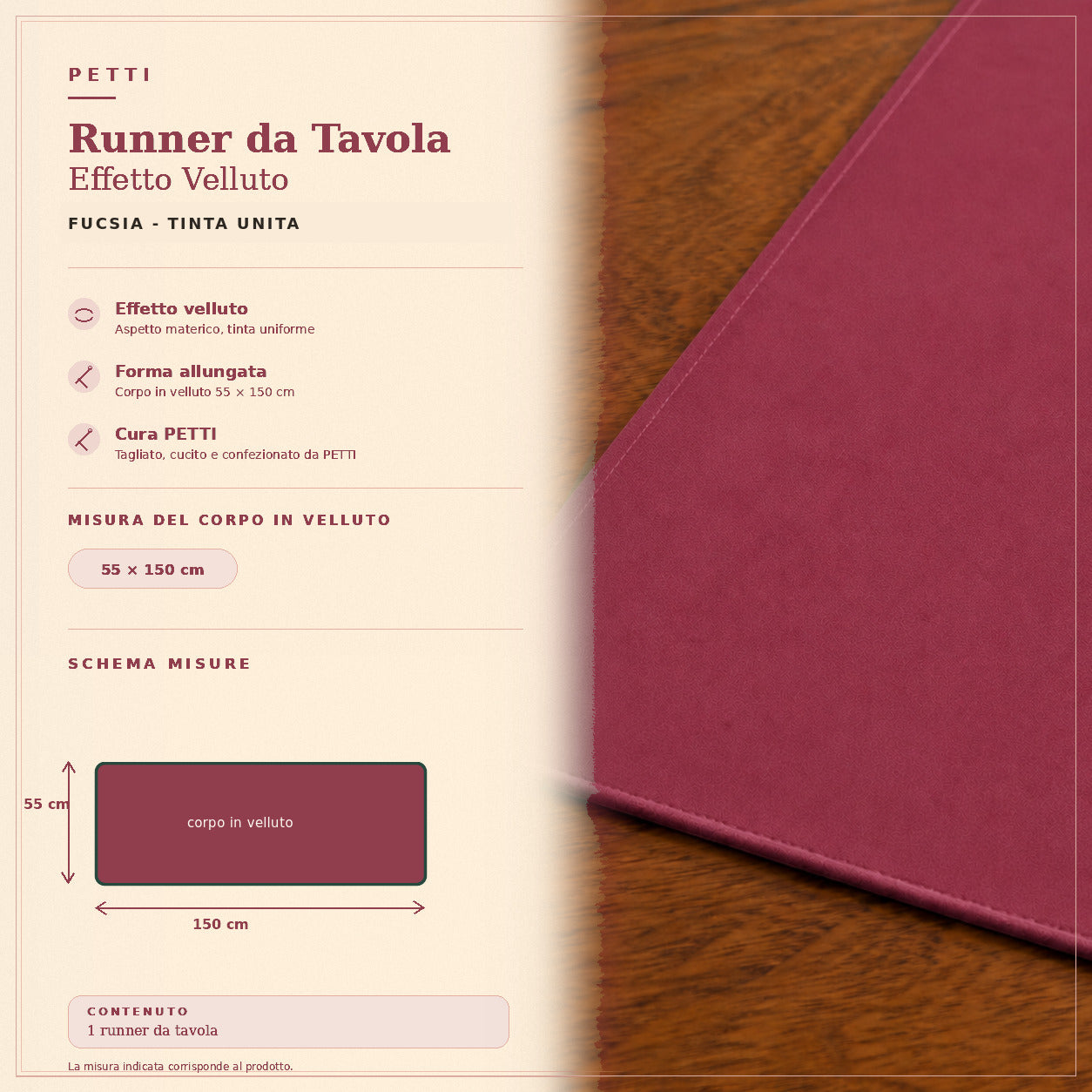 Runner da tavola effetto velluto Fucsia, 55 × 150 cm — scheda misure e contenuto
