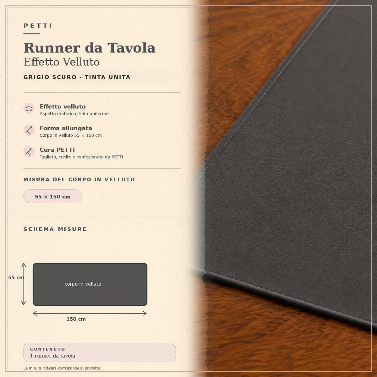 Runner da tavola effetto velluto Grigio Scuro, 55 × 150 cm — scheda misure e contenuto