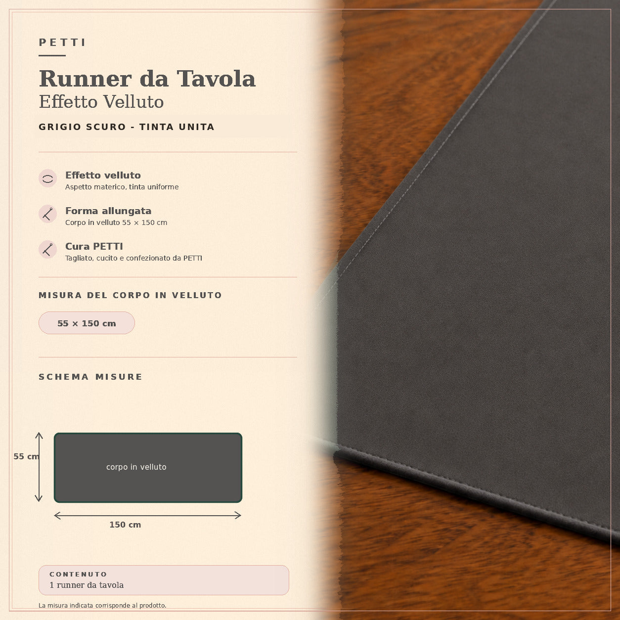 Runner da tavola effetto velluto Grigio Scuro, 55 × 150 cm — scheda misure e contenuto