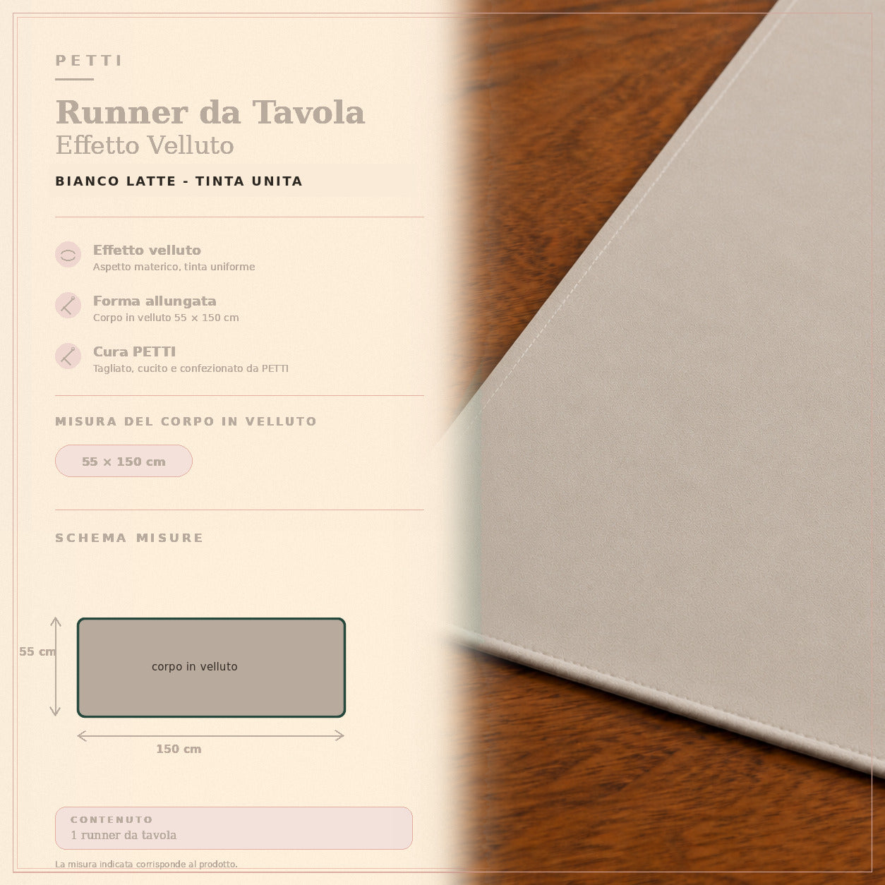 Runner da tavola effetto velluto Bianco Latte, 55 × 150 cm — scheda misure e contenuto