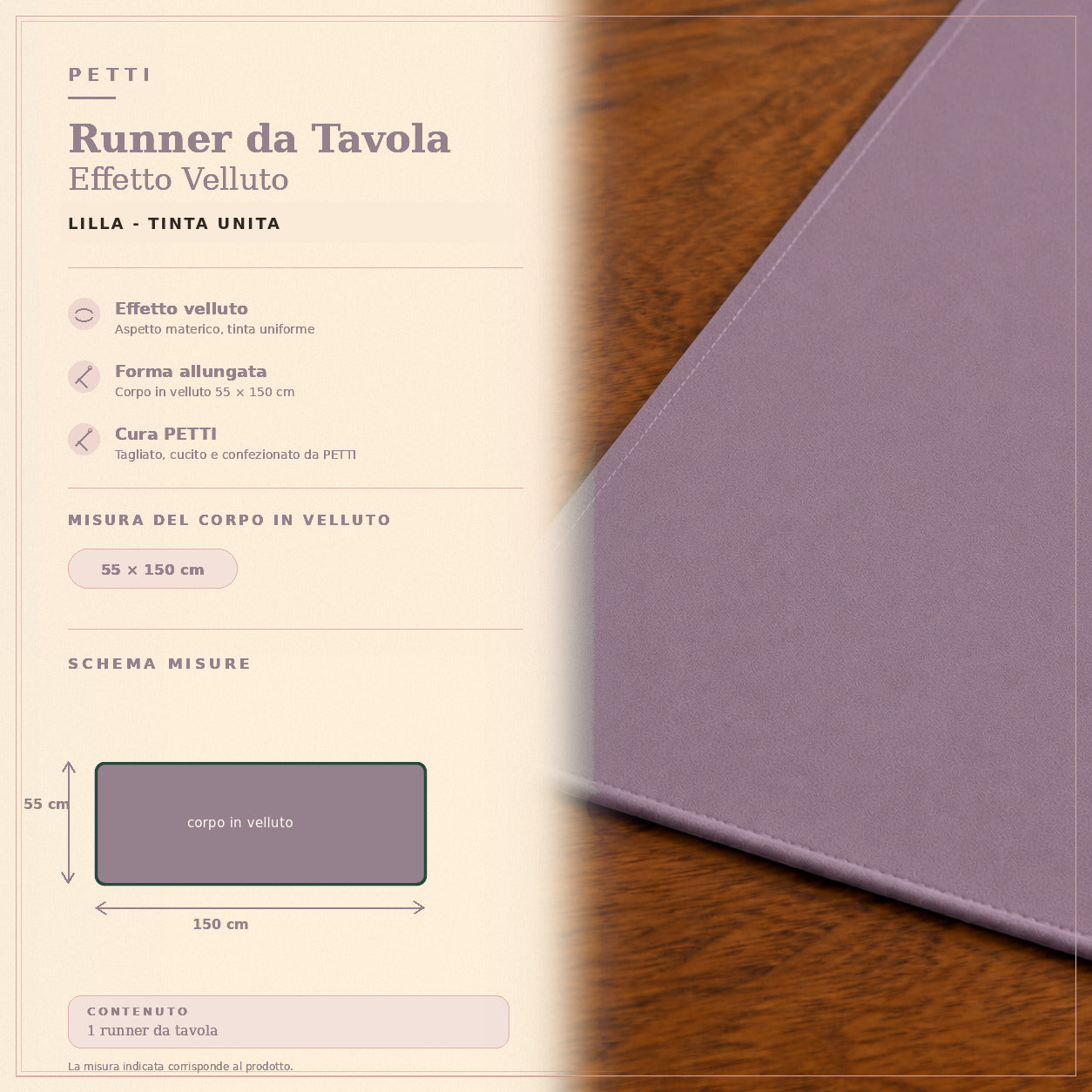 Runner da tavola effetto velluto Lilla, 55 × 150 cm — scheda misure e contenuto