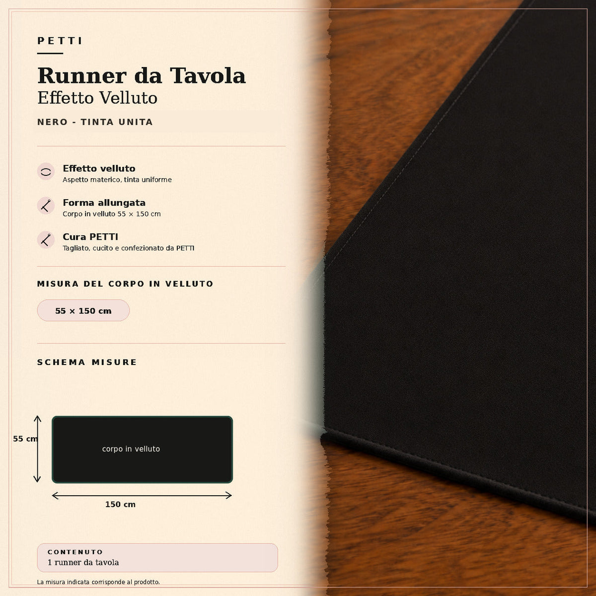 Runner da tavola effetto velluto Nero, 55 × 150 cm — scheda misure e contenuto