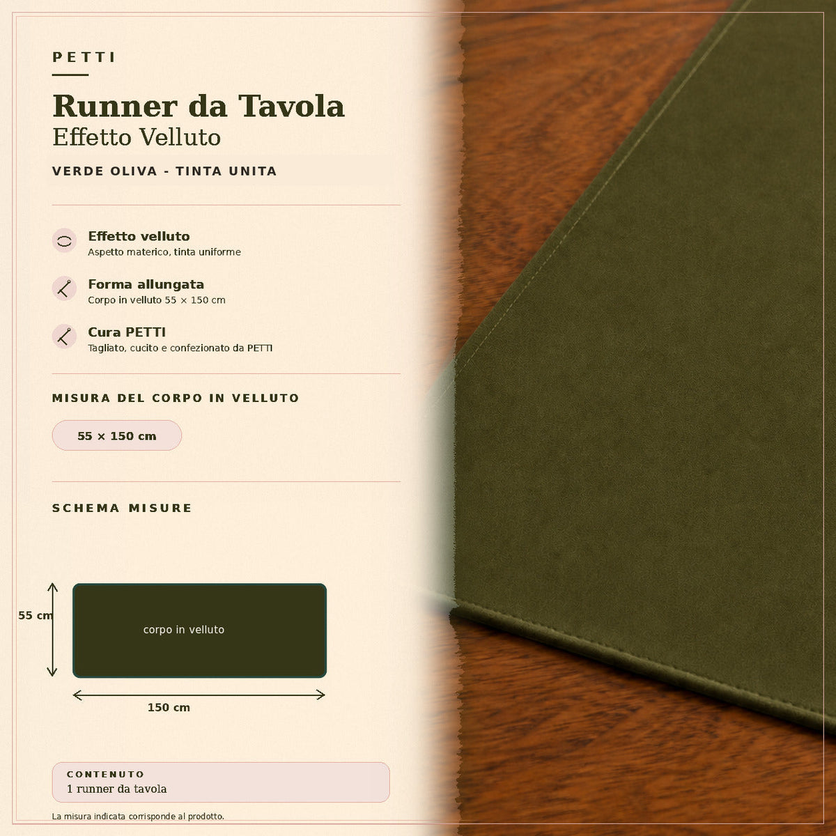 Runner da tavola effetto velluto Verde Oliva, 55 × 150 cm — scheda misure e contenuto