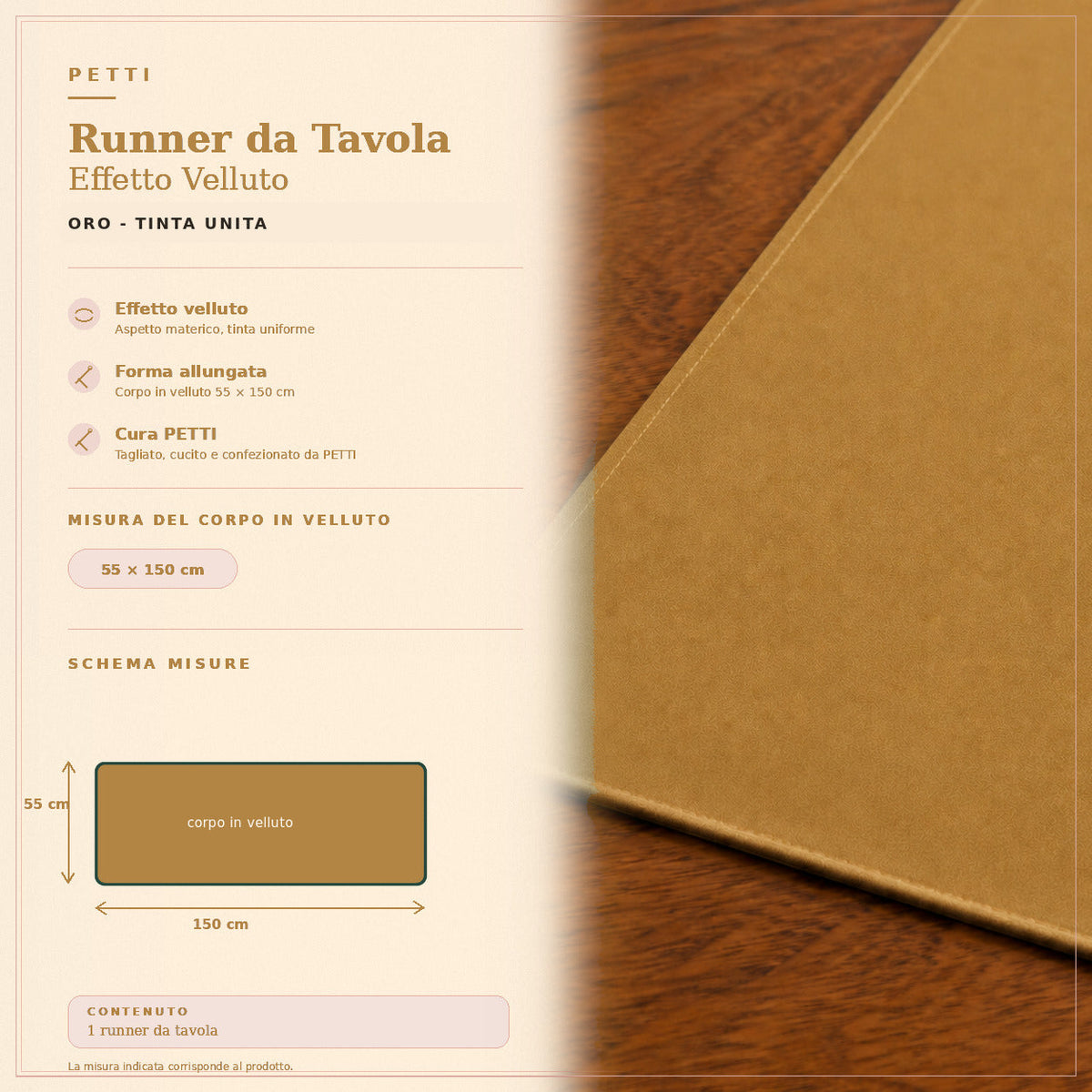 Runner da tavola effetto velluto Oro, 55 × 150 cm — scheda misure e contenuto