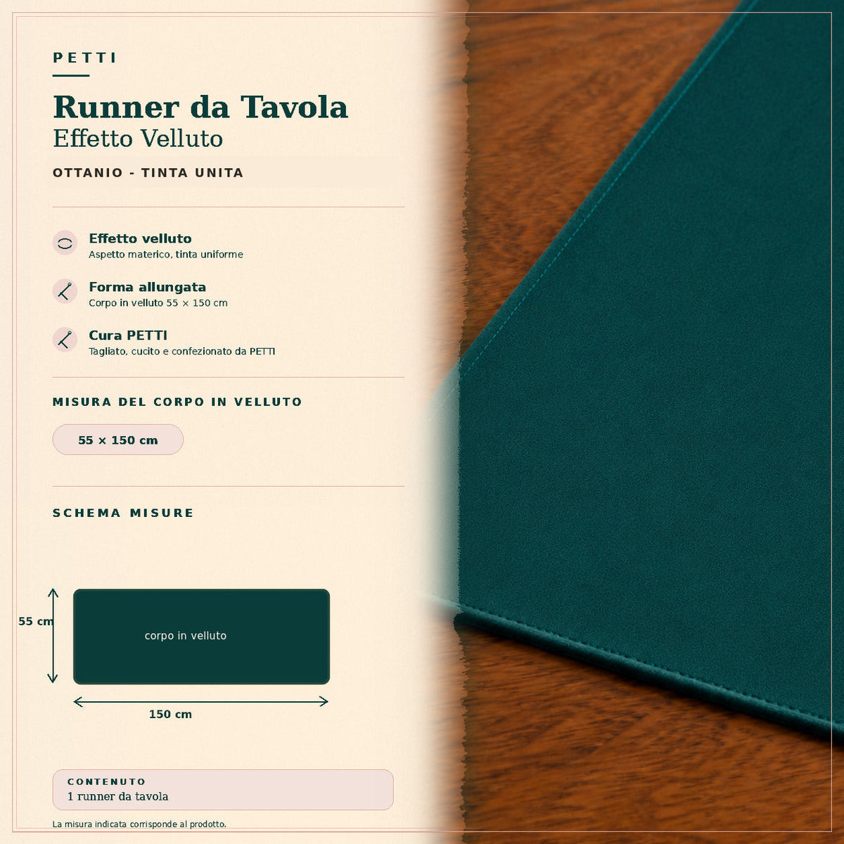Runner da tavola effetto velluto Ottanio, 55 × 150 cm — scheda misure e contenuto