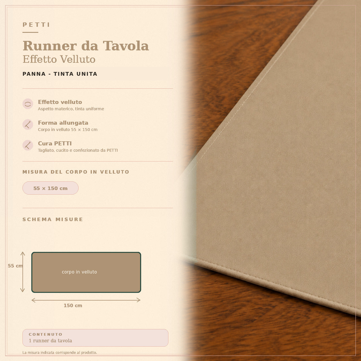 Runner da tavola effetto velluto Panna, 55 × 150 cm — scheda misure e contenuto