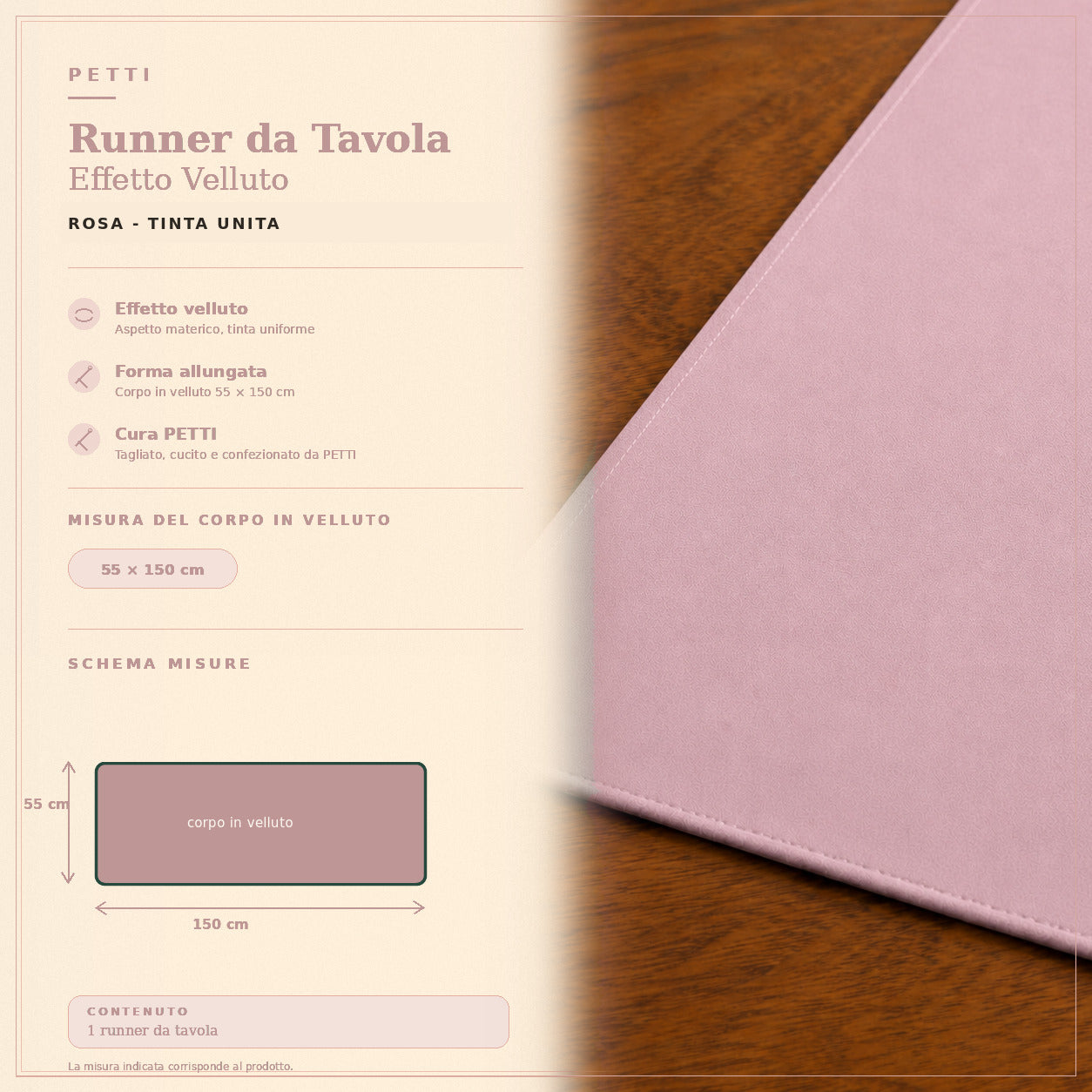 Runner da tavola effetto velluto Rosa, 55 × 150 cm — scheda misure e contenuto