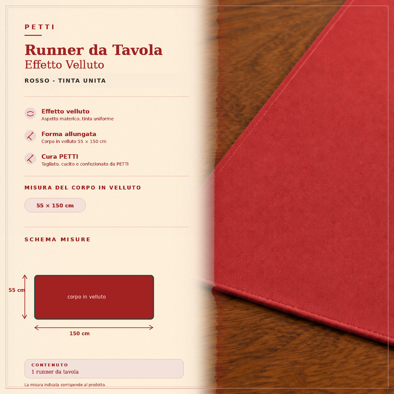 Runner da tavola effetto velluto Rosso, 55 × 150 cm — scheda misure e contenuto