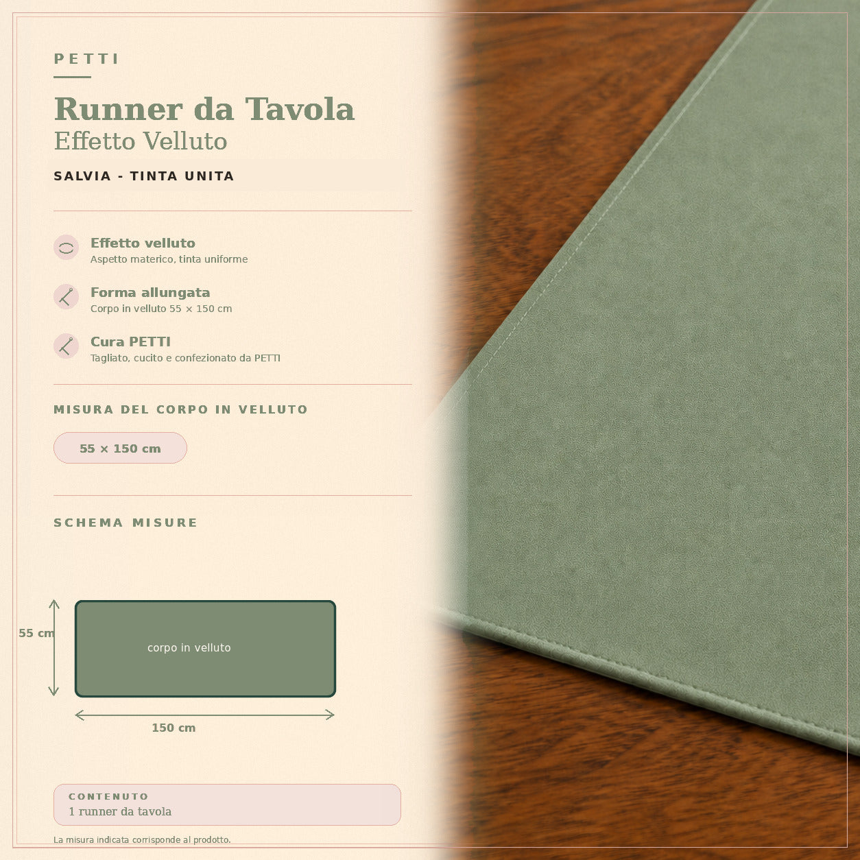 Runner da tavola effetto velluto Salvia, 55 × 150 cm — scheda misure e contenuto