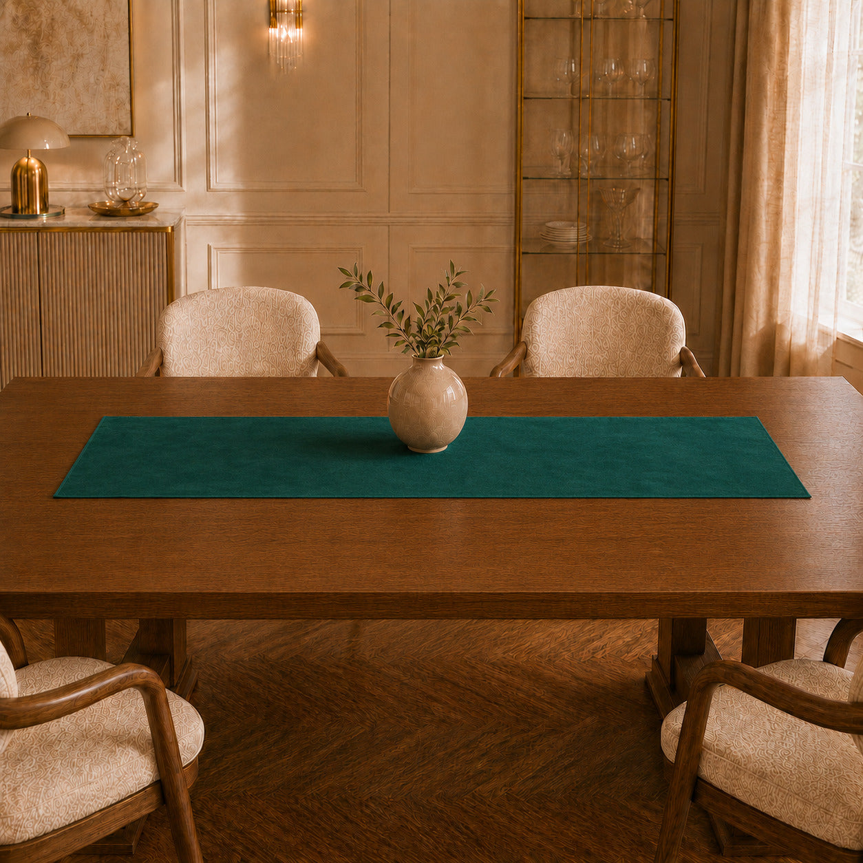 Runner da tavola effetto velluto Smeraldo, 55 × 150 cm — vista ambientata