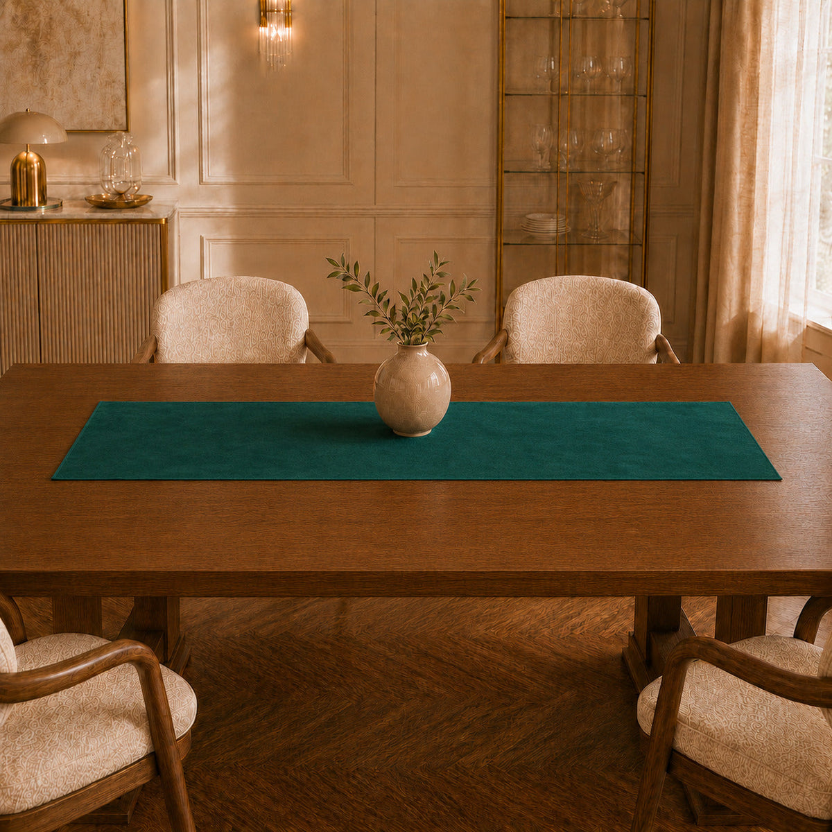 Runner da tavola effetto velluto Smeraldo, 55 × 150 cm — vista ambientata
