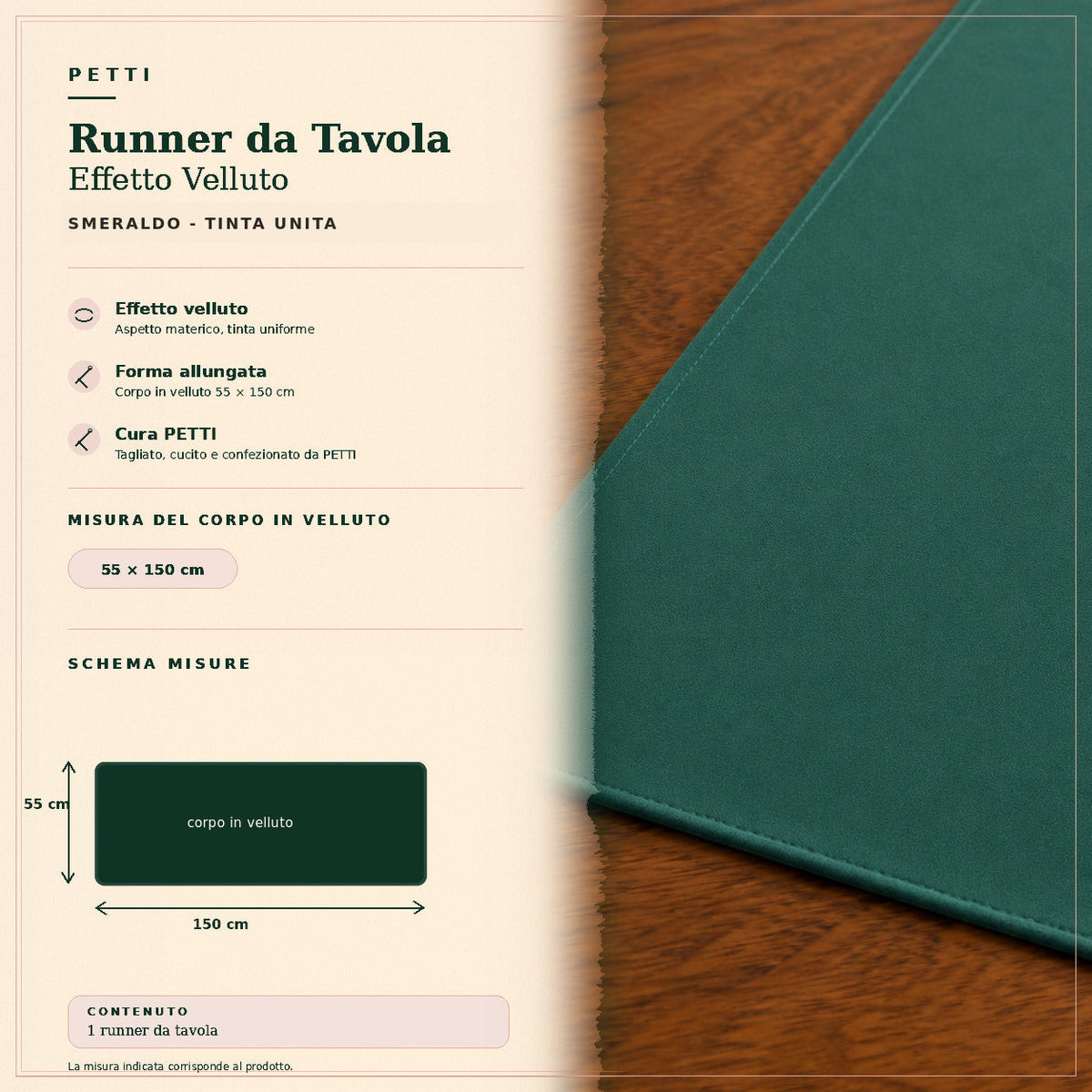 Runner da tavola effetto velluto Smeraldo, 55 × 150 cm — scheda misure e contenuto