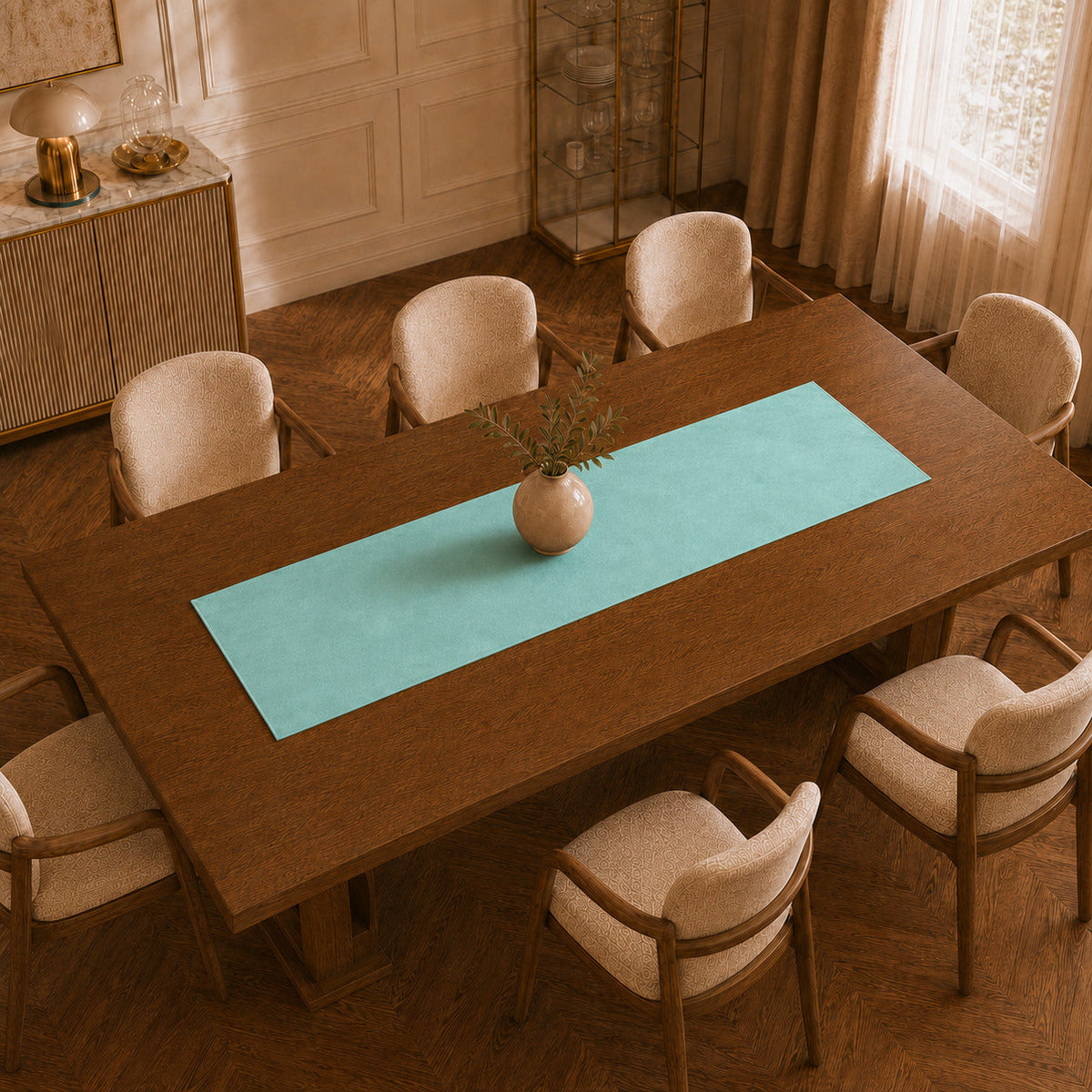 Runner da tavola effetto velluto Tiffany, 55 × 150 cm — vista dall’alto