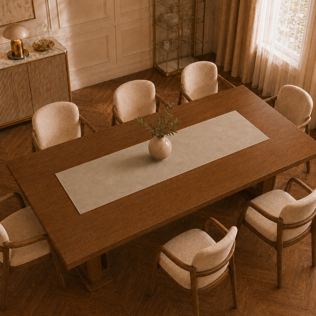 Runner da tavola effetto velluto Tortora, 55 × 150 cm — vista dall’alto