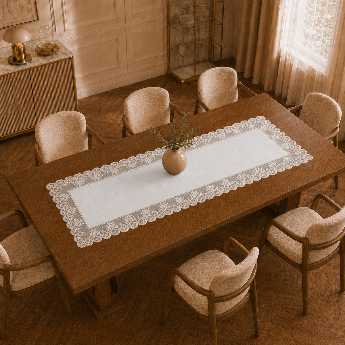 Runner da tavola effetto velluto Bianco Ottico con Pizzo Rebrodé bianco, 55 × 150 cm — vista dall’alto