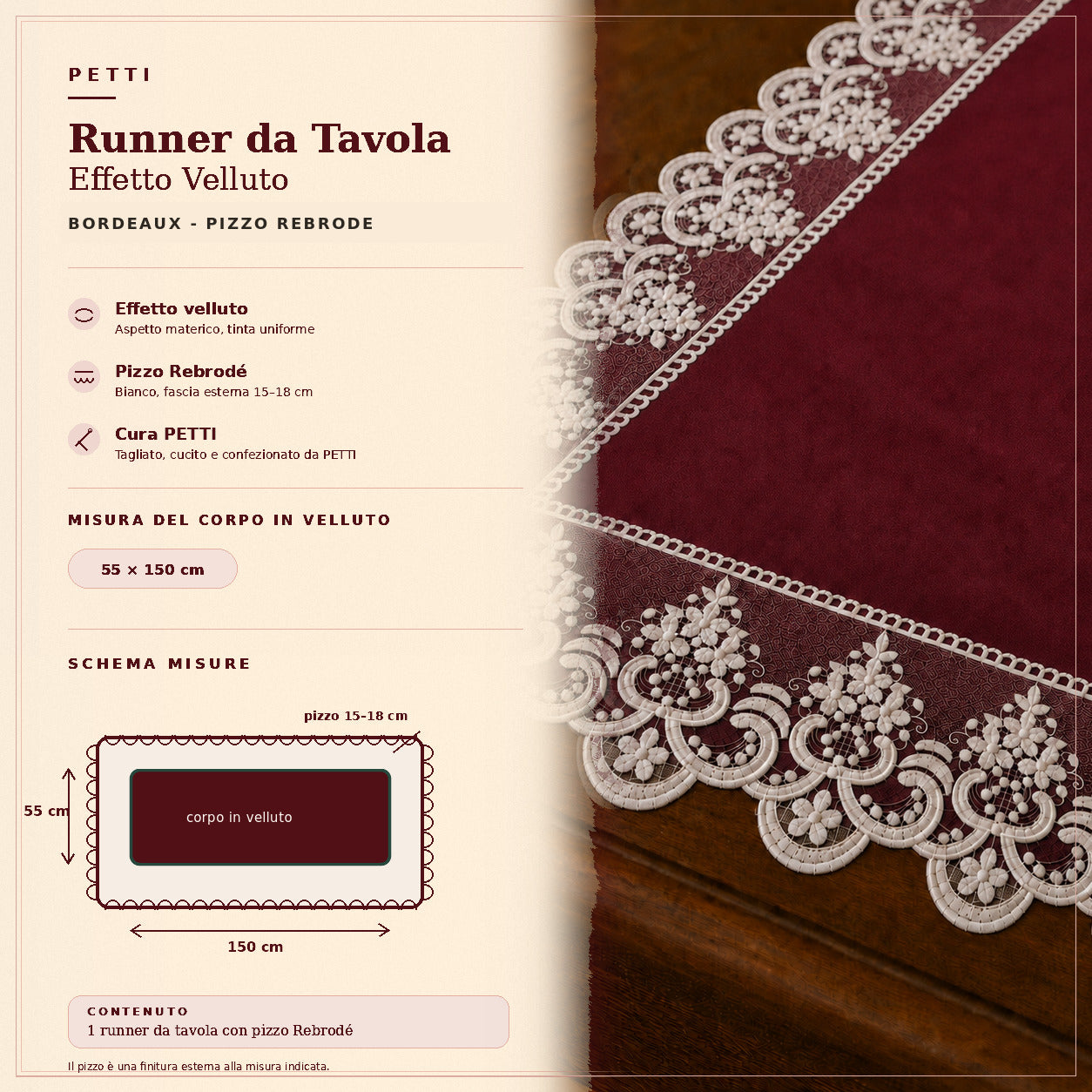 Runner da tavola effetto velluto Bordeaux con Pizzo Rebrodé bianco, 55 × 150 cm — scheda misure e contenuto