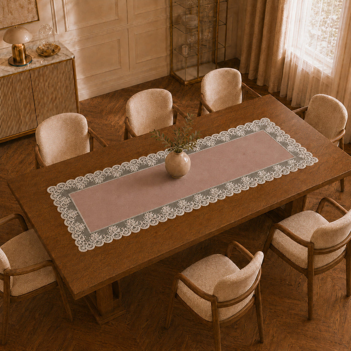 Runner da tavola effetto velluto Cipria con Pizzo Rebrodé bianco, 55 × 150 cm — vista dall’alto