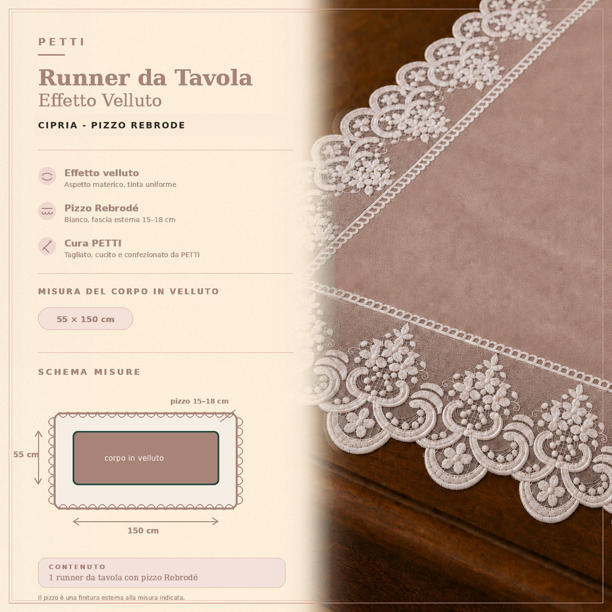 Runner da tavola effetto velluto Cipria con Pizzo Rebrodé bianco, 55 × 150 cm — scheda misure e contenuto