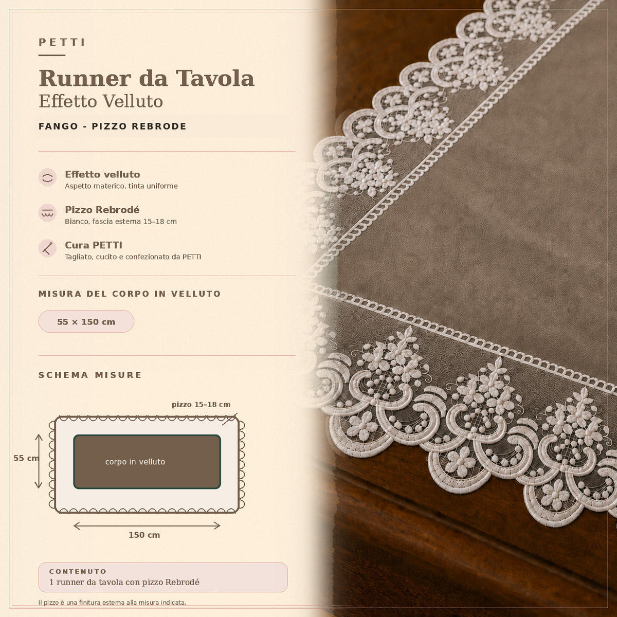 Runner da tavola effetto velluto Fango con Pizzo Rebrodé bianco, 55 × 150 cm — scheda misure e contenuto