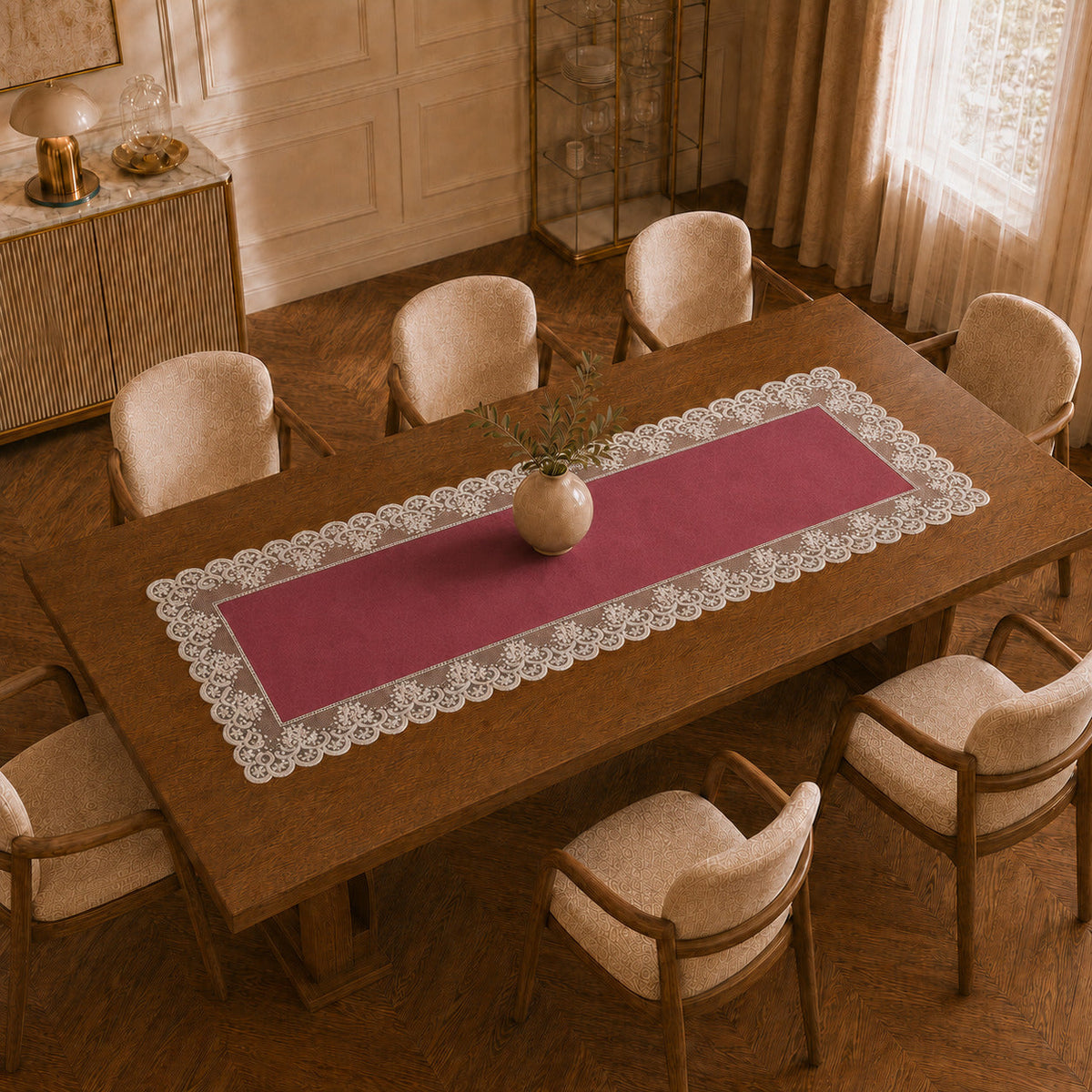 Runner da tavola effetto velluto Fucsia con Pizzo Rebrodé bianco, 55 × 150 cm — vista dall’alto