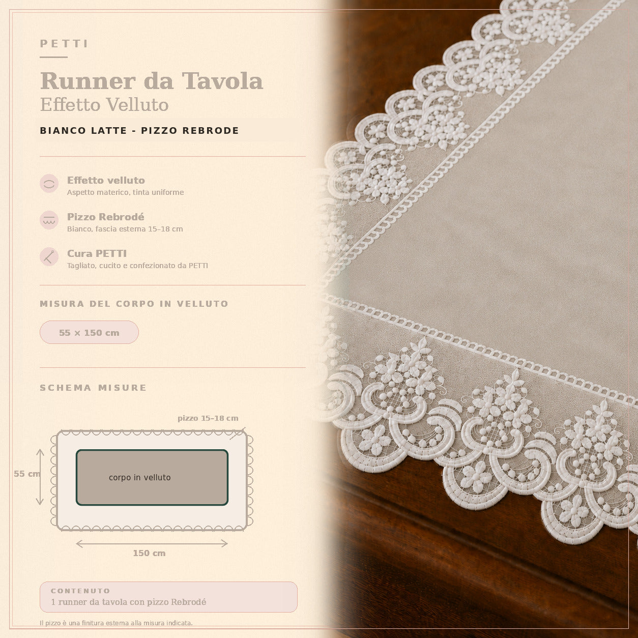 Runner da tavola effetto velluto Bianco Latte con Pizzo Rebrodé bianco, 55 × 150 cm — scheda misure e contenuto