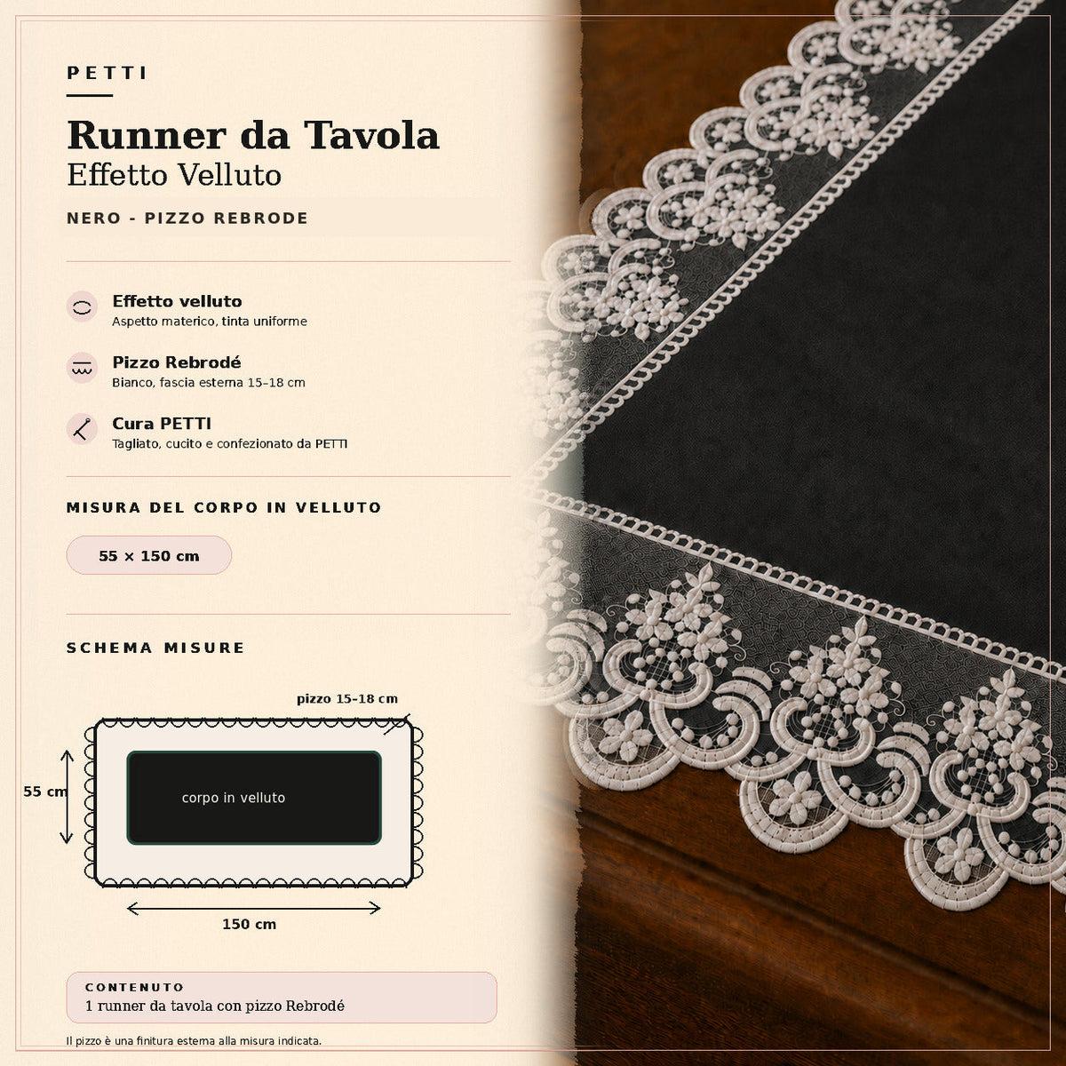 Runner da tavola effetto velluto Nero con Pizzo Rebrodé bianco, 55 × 150 cm — scheda misure e contenuto