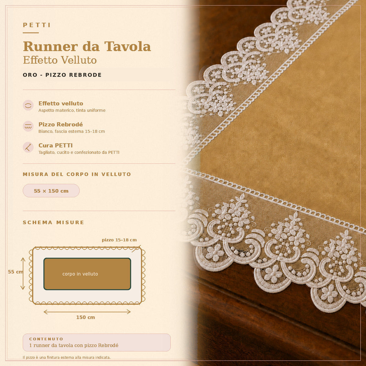 Runner da tavola effetto velluto Oro con Pizzo Rebrodé bianco, 55 × 150 cm — scheda misure e contenuto