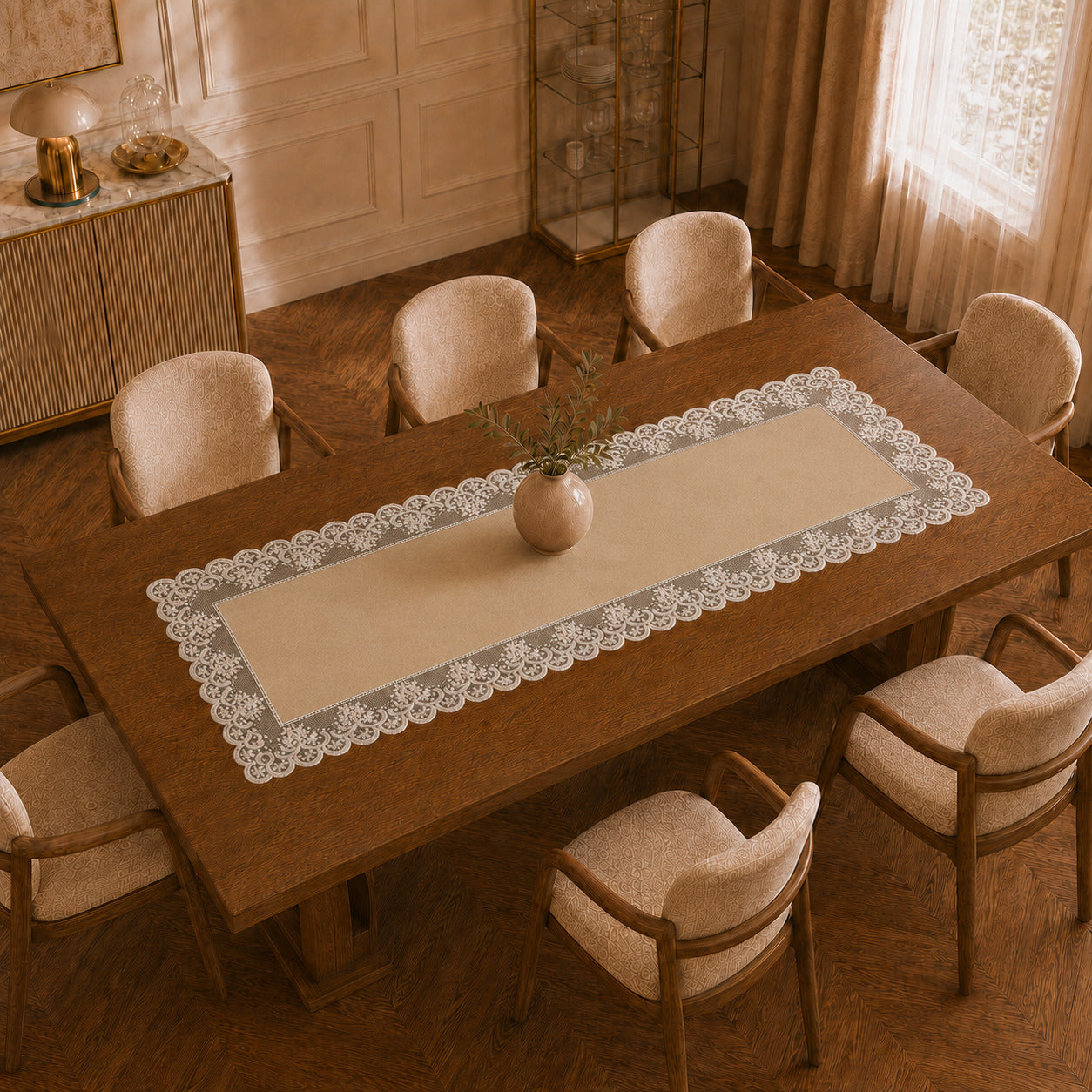 Runner da tavola effetto velluto Panna con Pizzo Rebrodé bianco, 55 × 150 cm — vista dall’alto