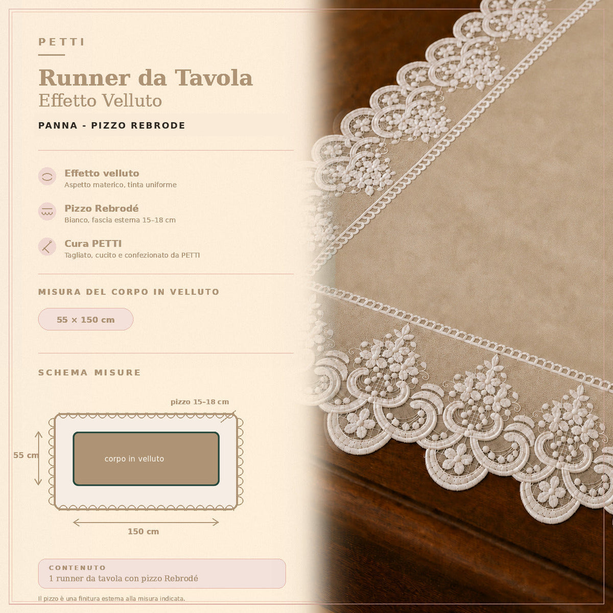 Runner da tavola effetto velluto Panna con Pizzo Rebrodé bianco, 55 × 150 cm — scheda misure e contenuto