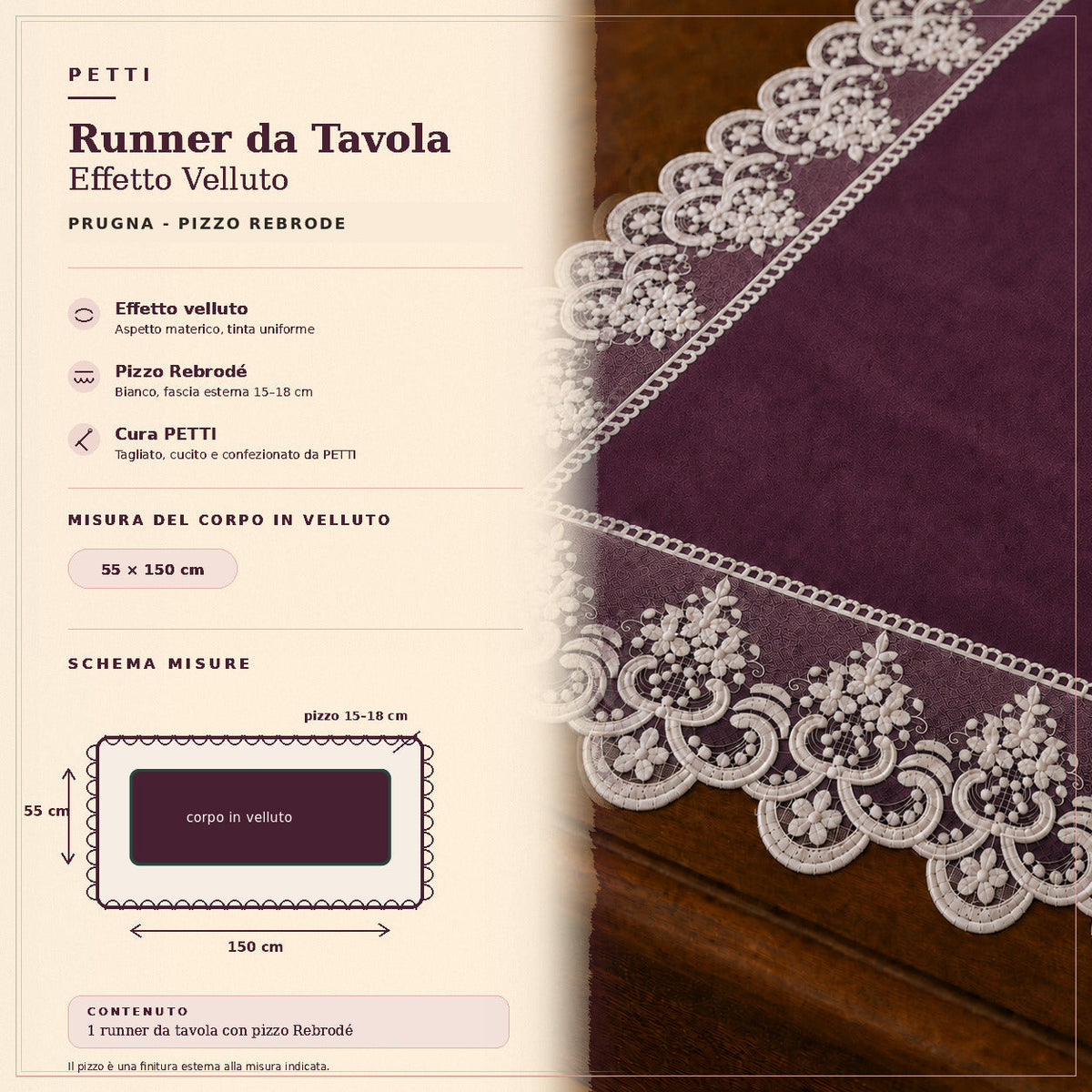 Runner da tavola effetto velluto Prugna con Pizzo Rebrodé bianco, 55 × 150 cm — scheda misure e contenuto