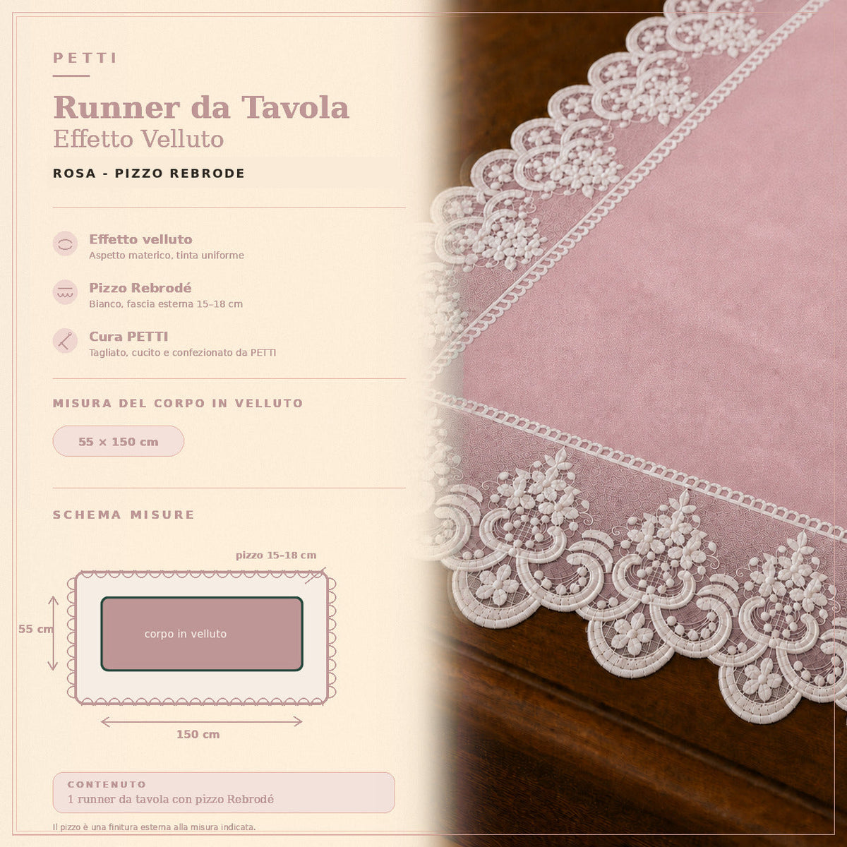 Runner da tavola effetto velluto Rosa con Pizzo Rebrodé bianco, 55 × 150 cm — scheda misure e contenuto