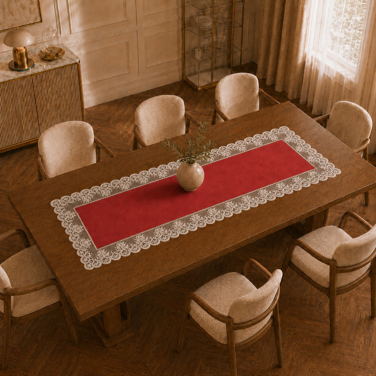 Runner da tavola effetto velluto Rosso con Pizzo Rebrodé bianco, 55 × 150 cm — vista dall’alto