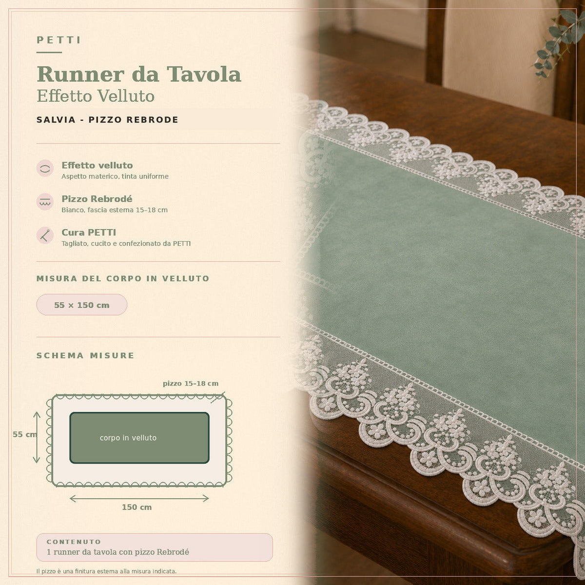 Runner da tavola effetto velluto Salvia con Pizzo Rebrodé bianco, 55 × 150 cm — scheda misure e contenuto
